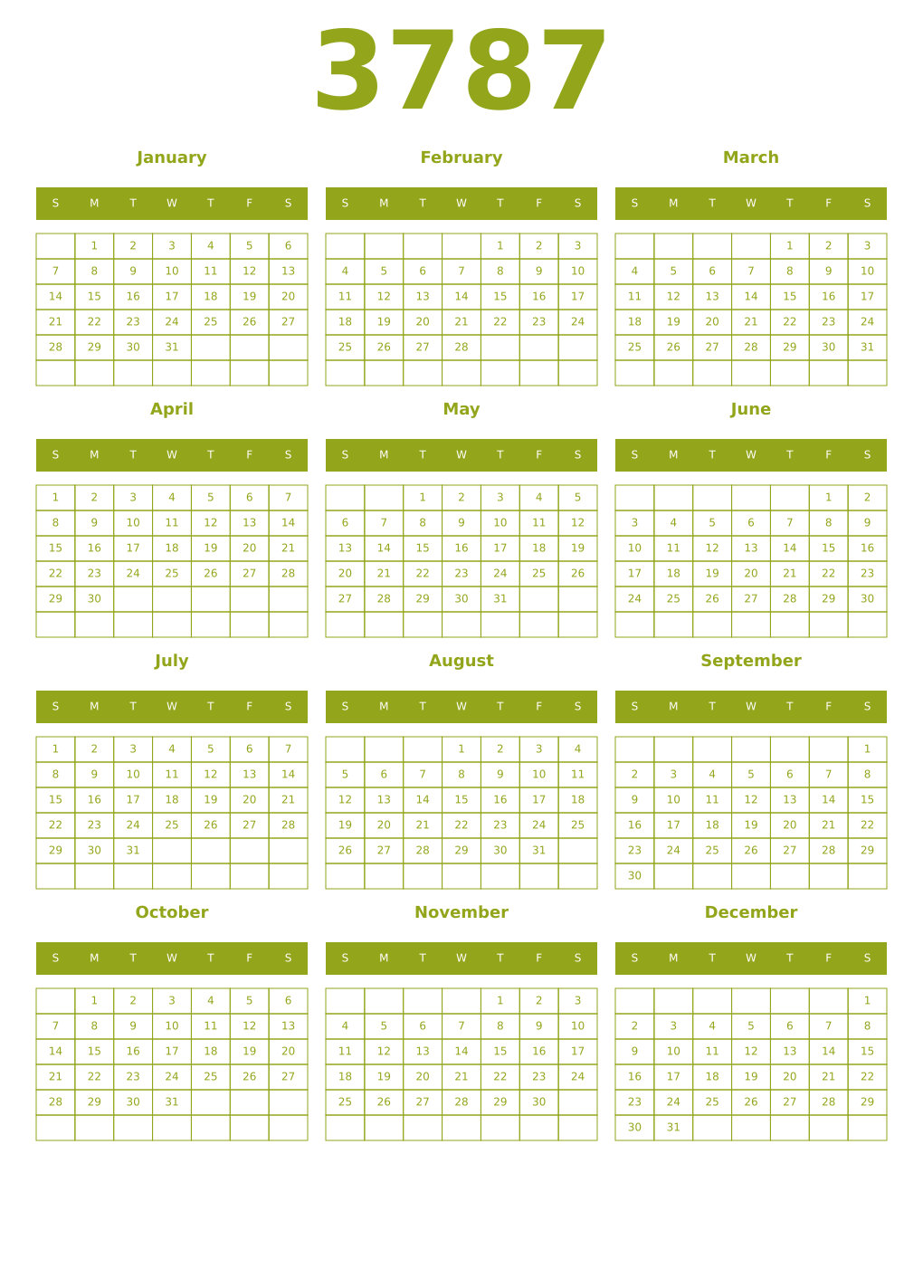 Printable 3787 Year Calendars chartreuse