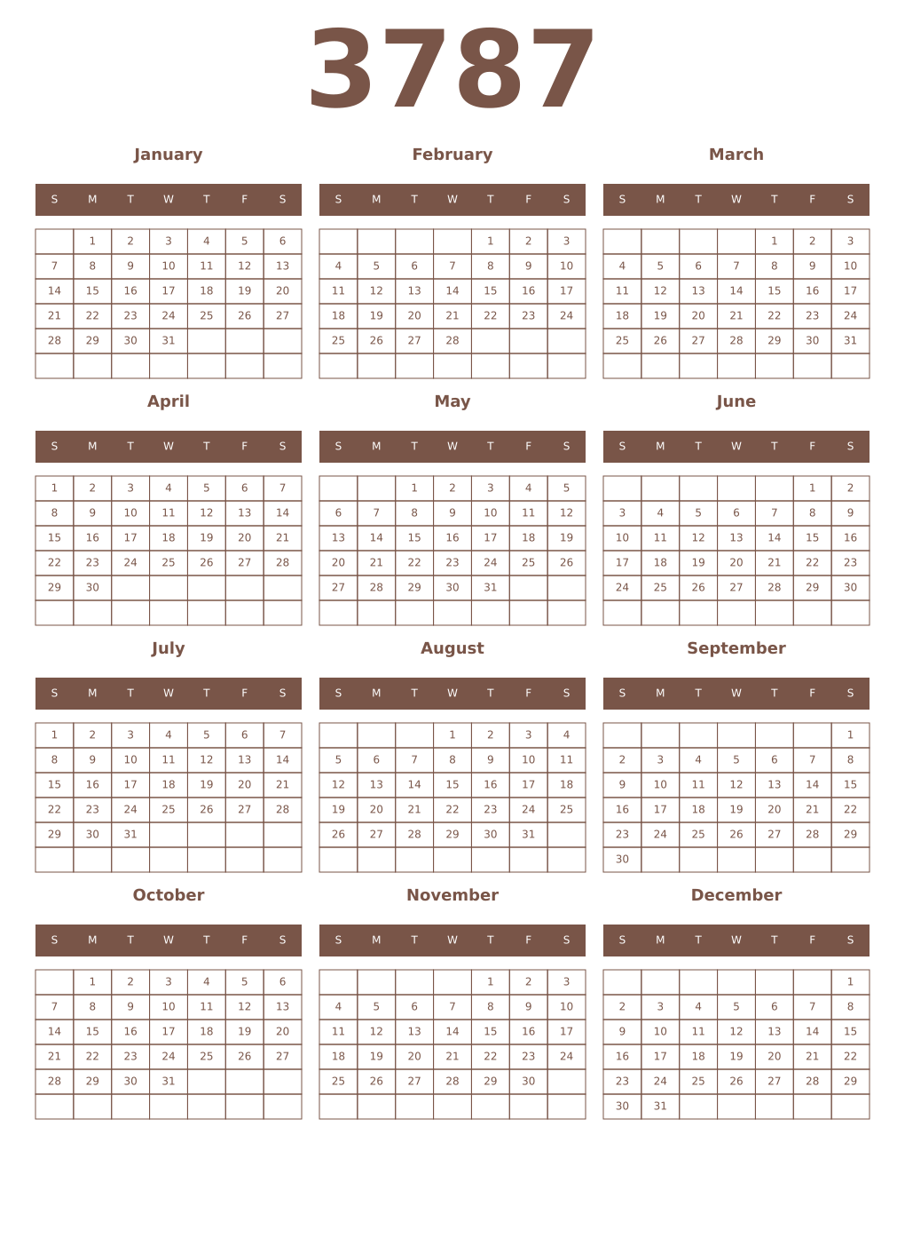 Printable 3787 Year Calendars coffe