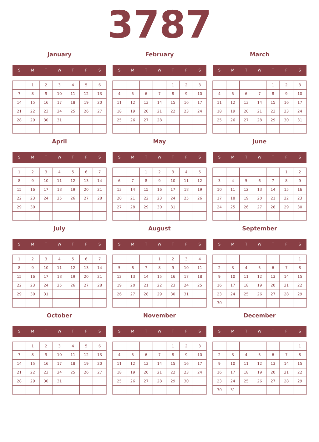 Printable 3787 Year Calendars cordovan
