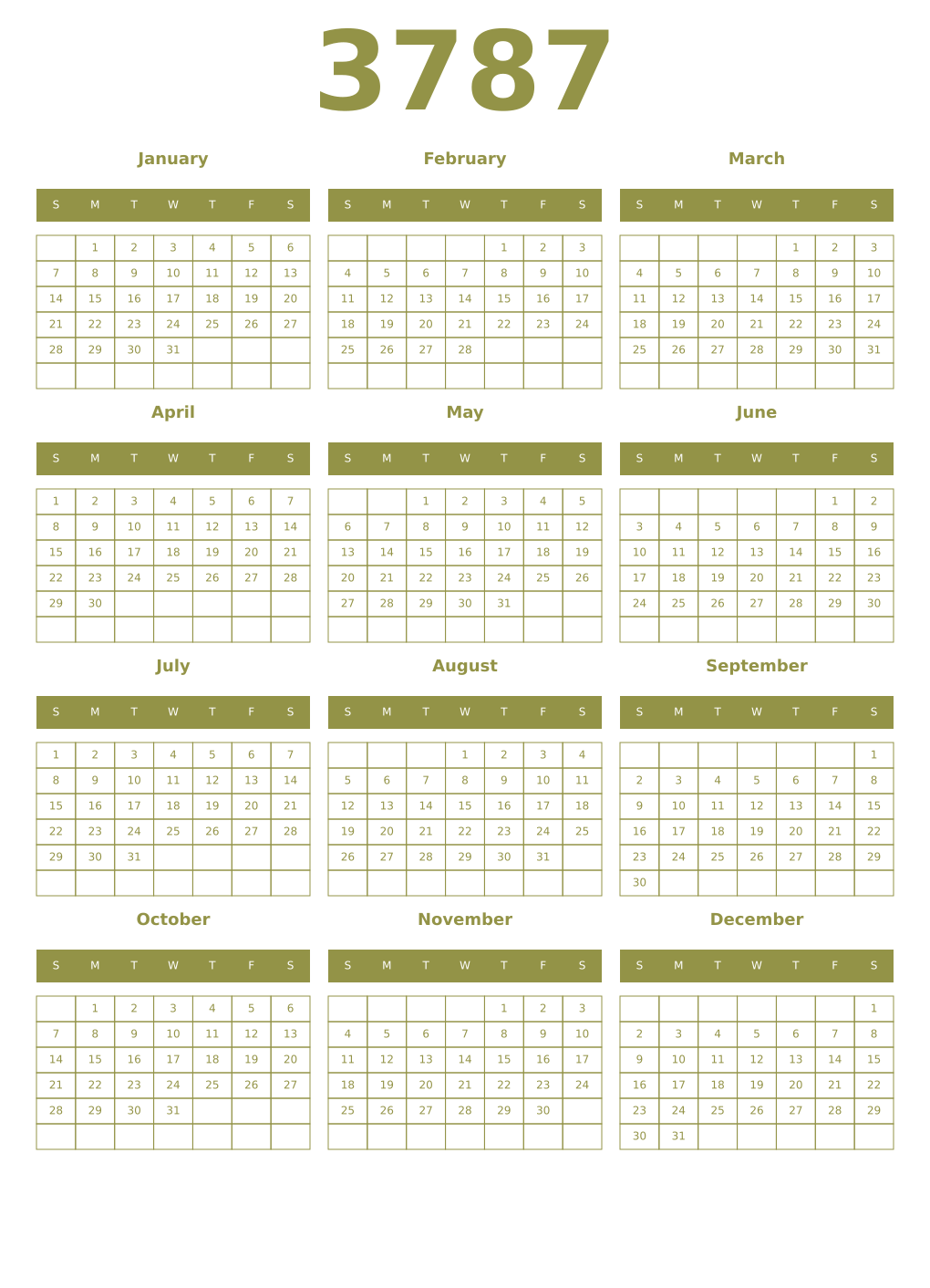 Printable 3787 Year Calendars eburnean
