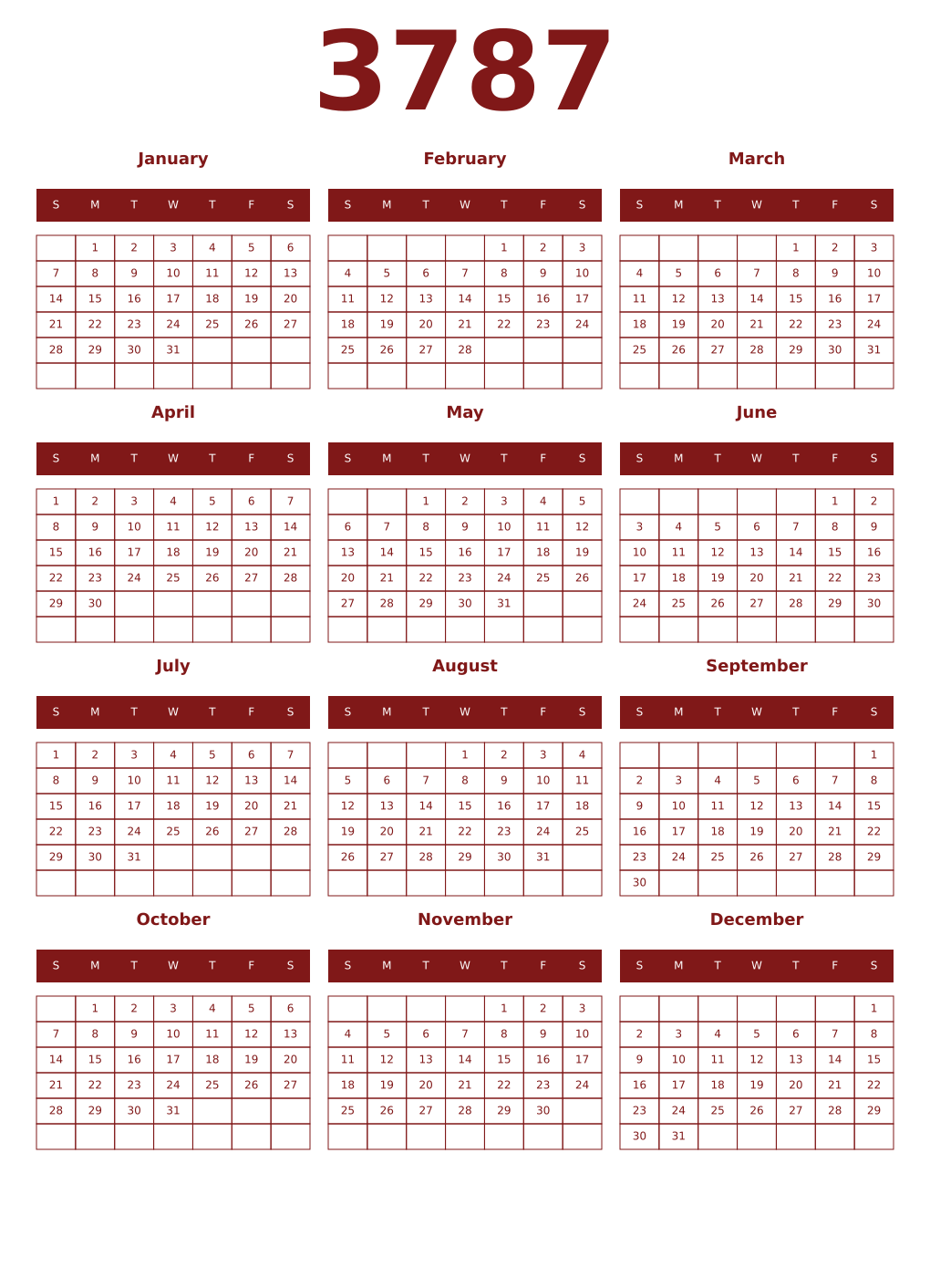Printable 3787 Year Calendars falu
