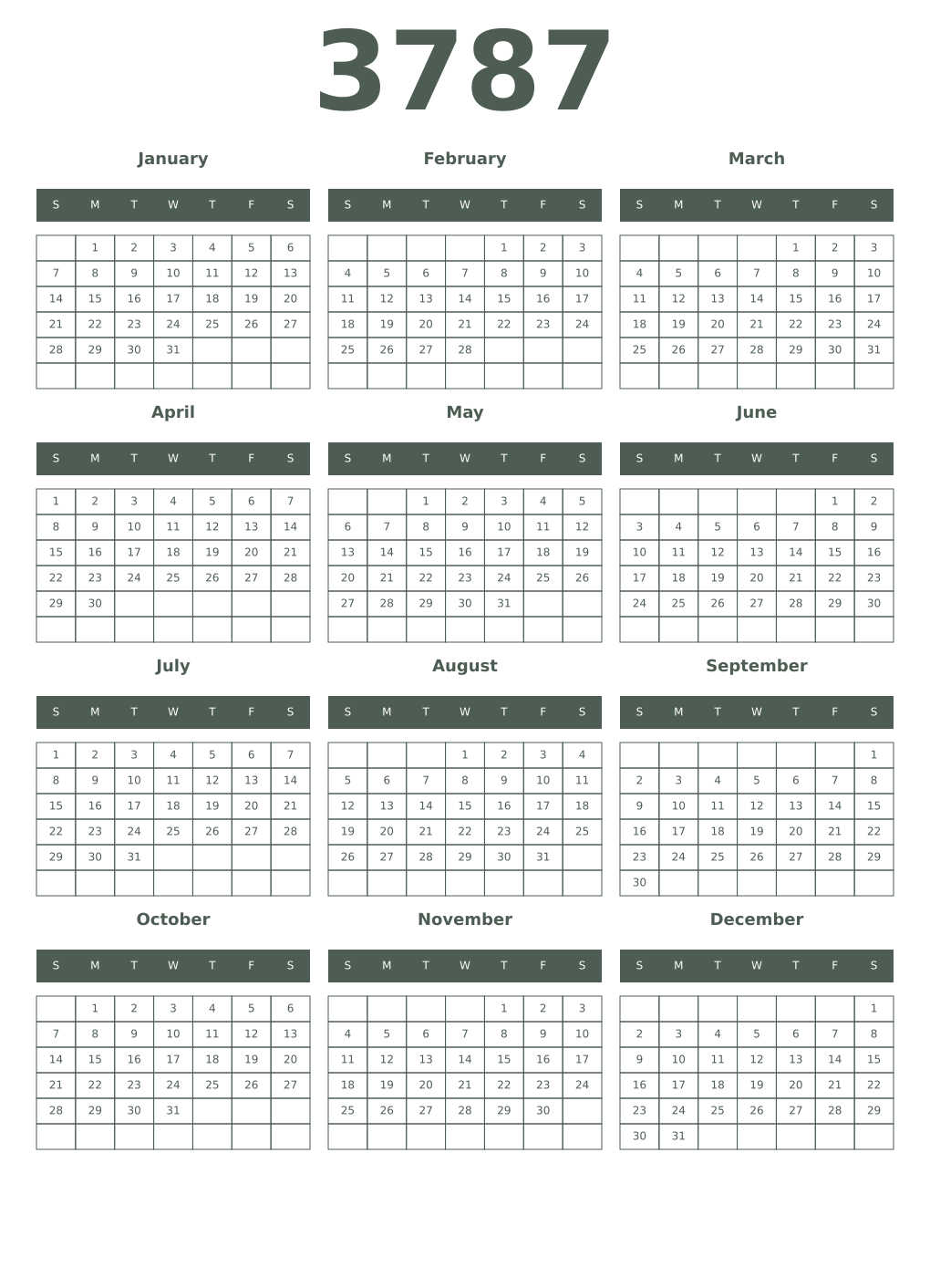 Printable 3787 Year Calendars feldgrau