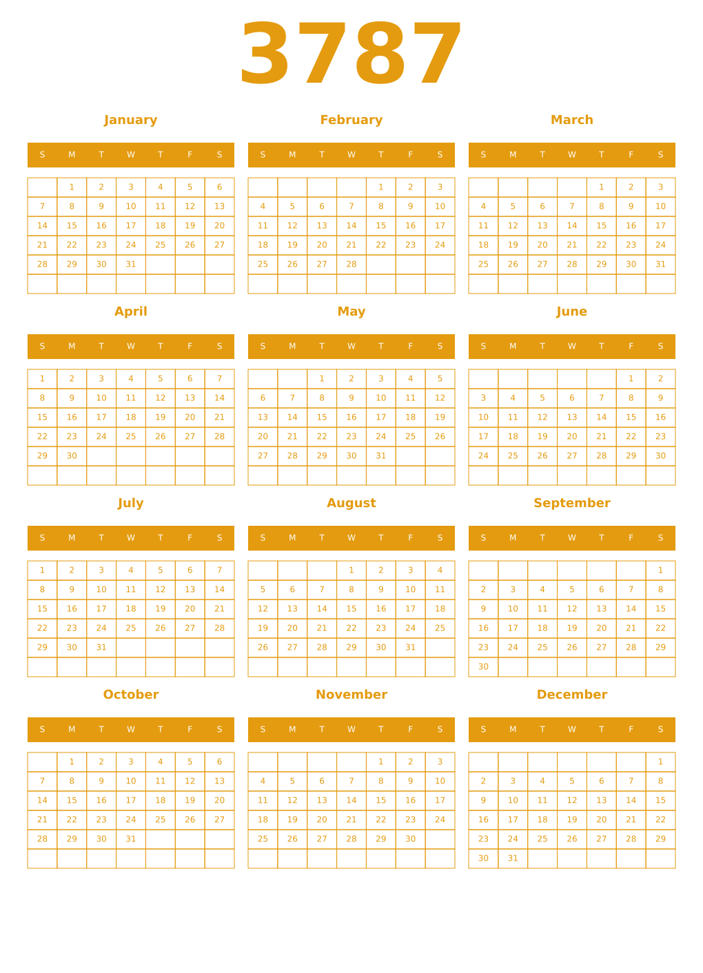 Printable 3787 Year Calendars gamboge