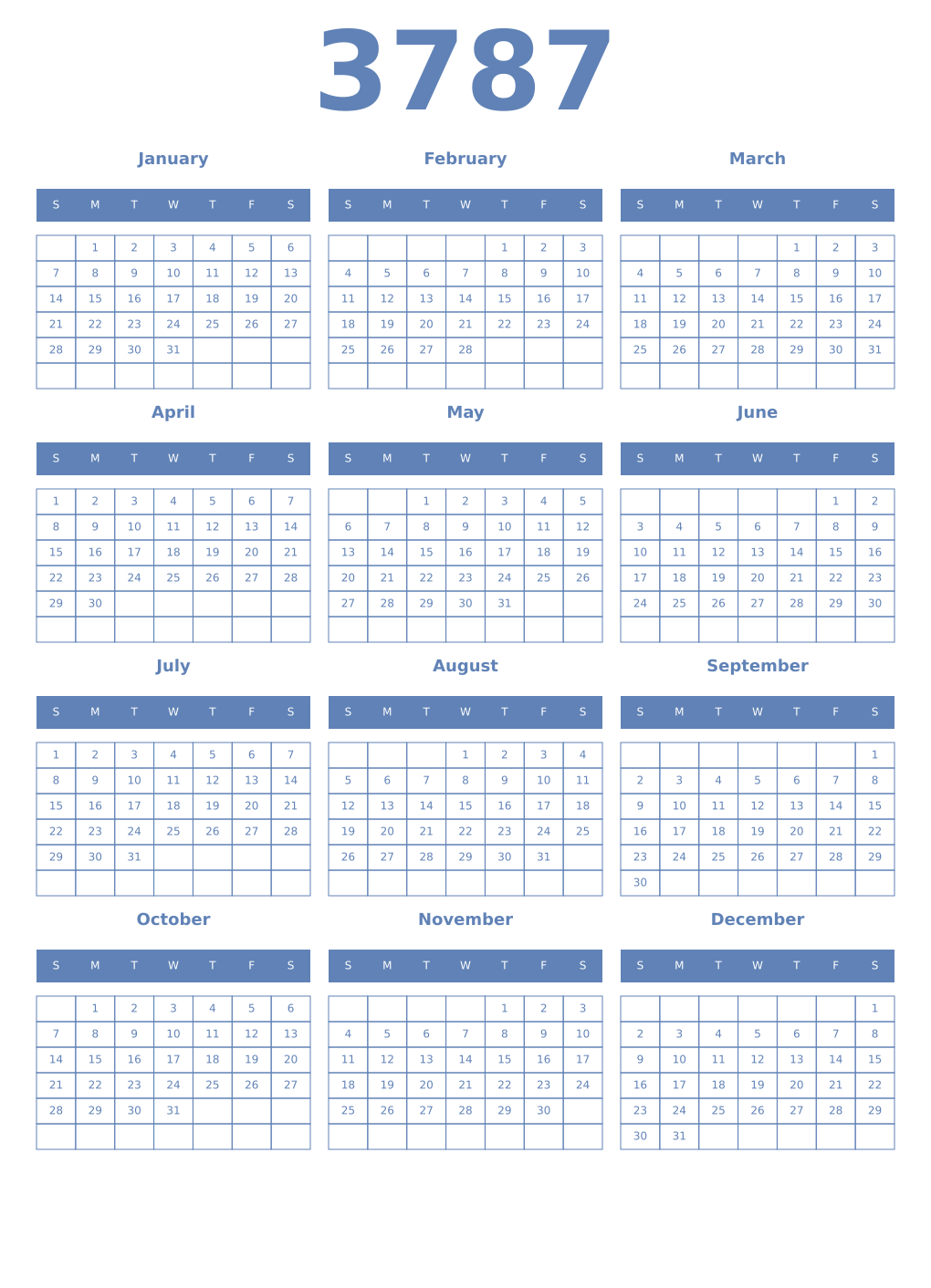 Printable 3787 Year Calendars glaucous