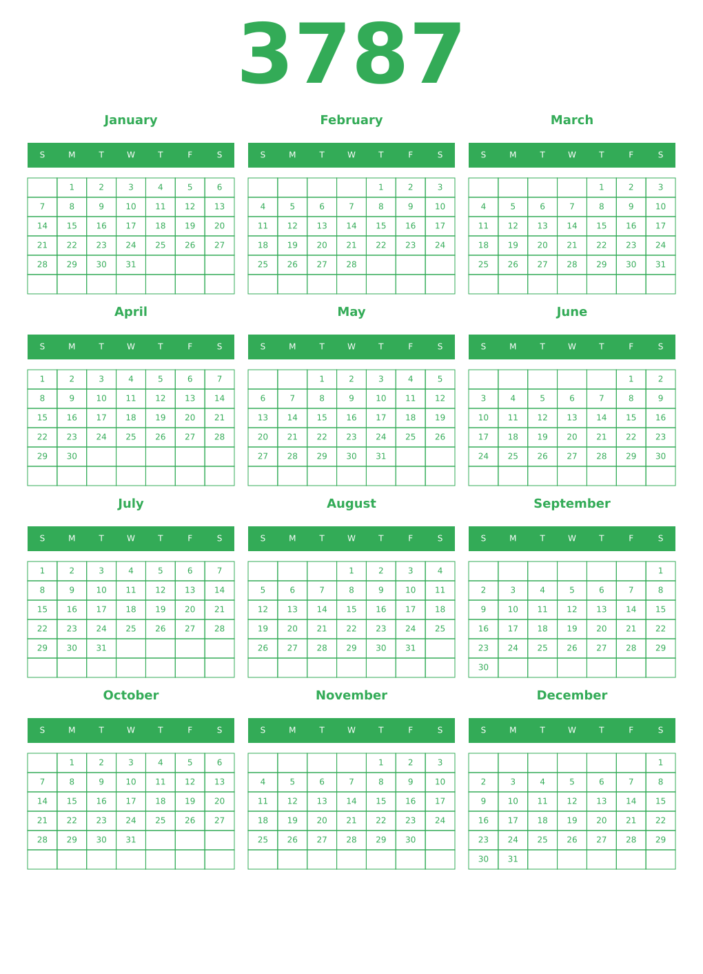 Printable 3787 Year Calendars green