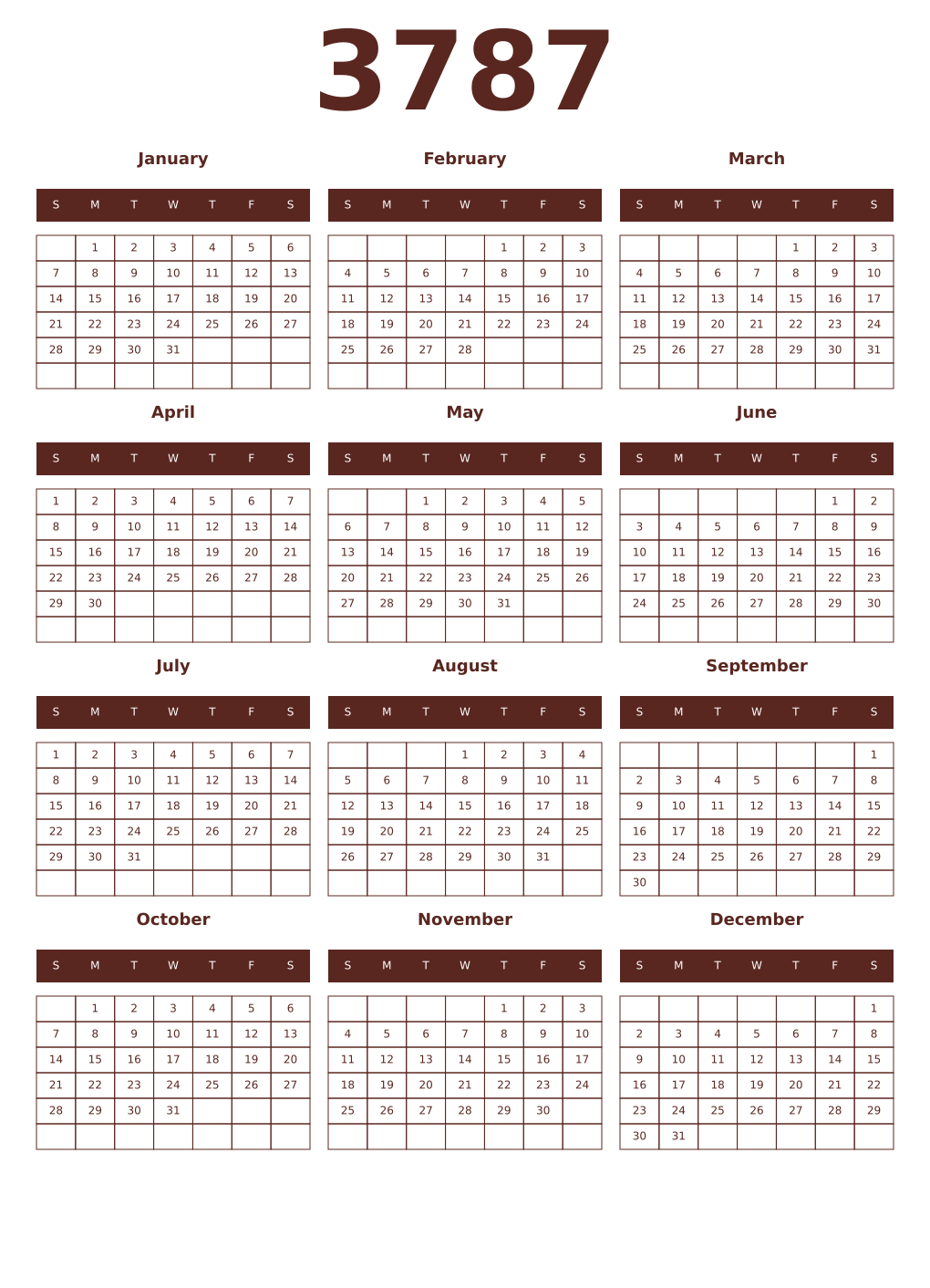Printable 3787 Year Calendars mortuum