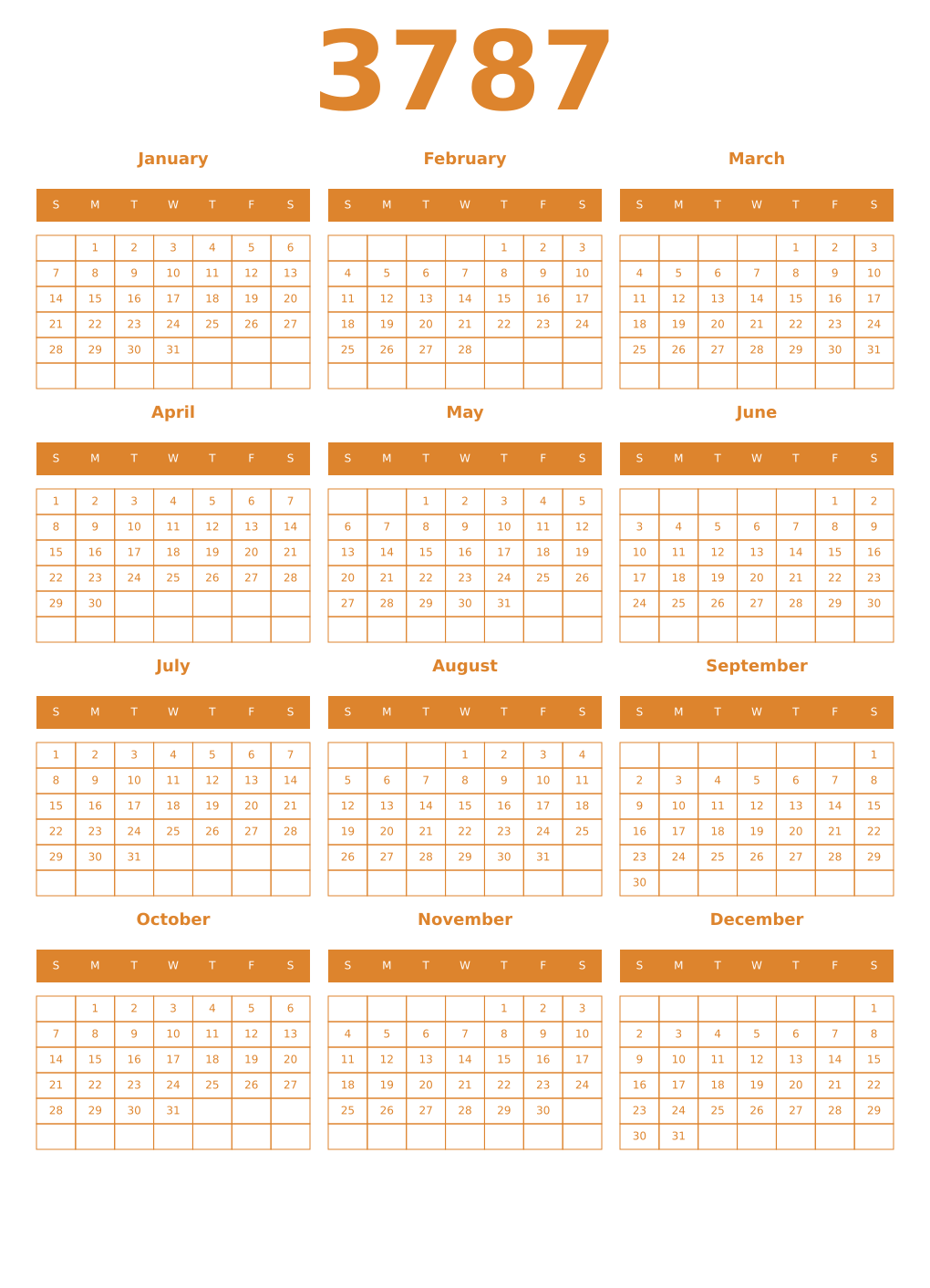 Printable 3787 Year Calendars orange