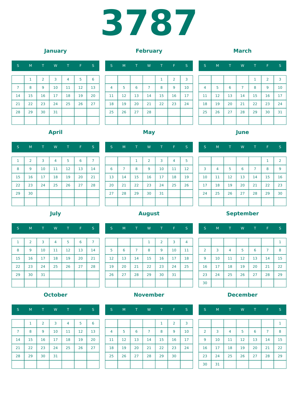 Printable 3787 Year Calendars pastel