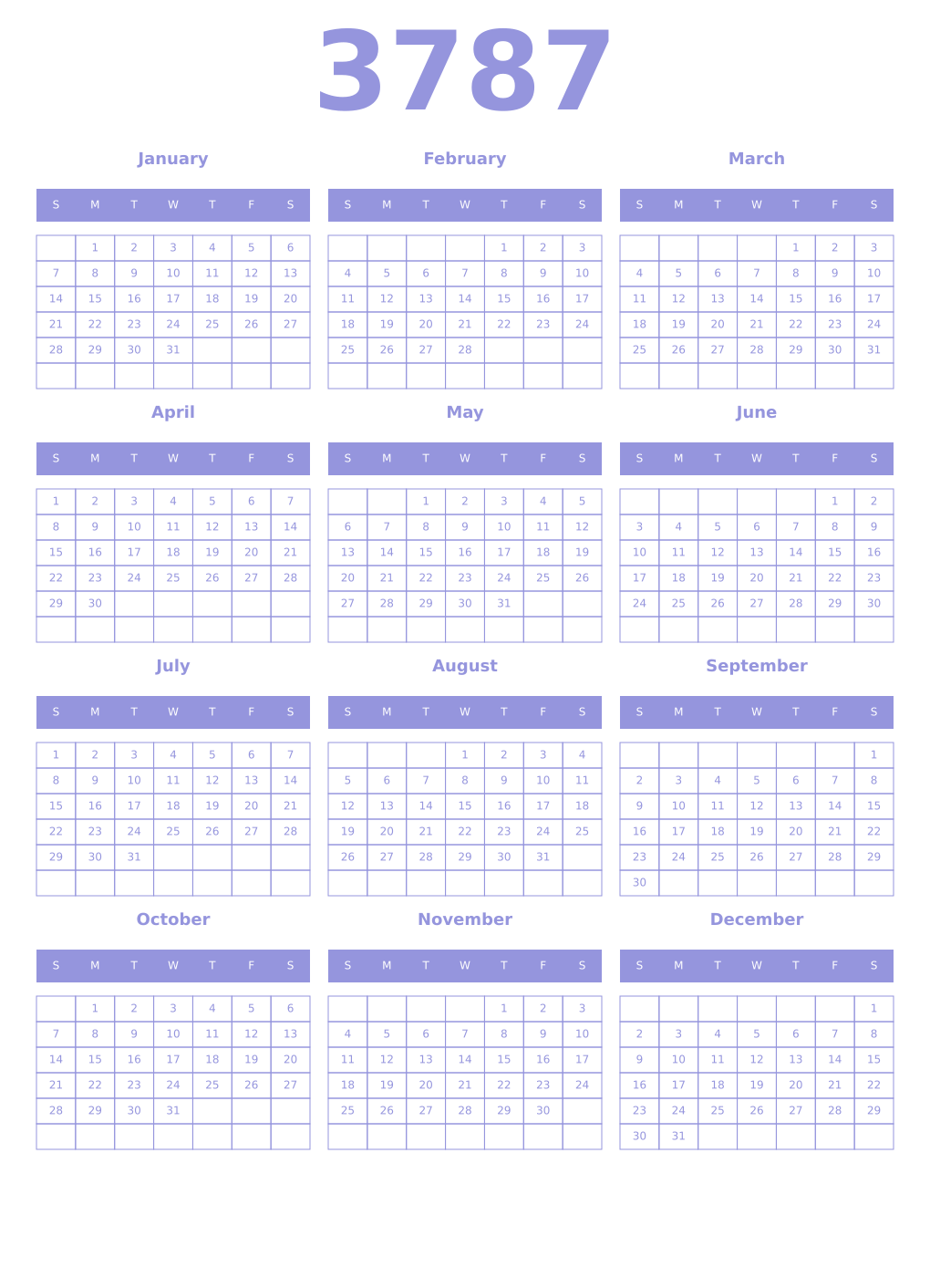 Printable 3787 Year Calendars periwinkle