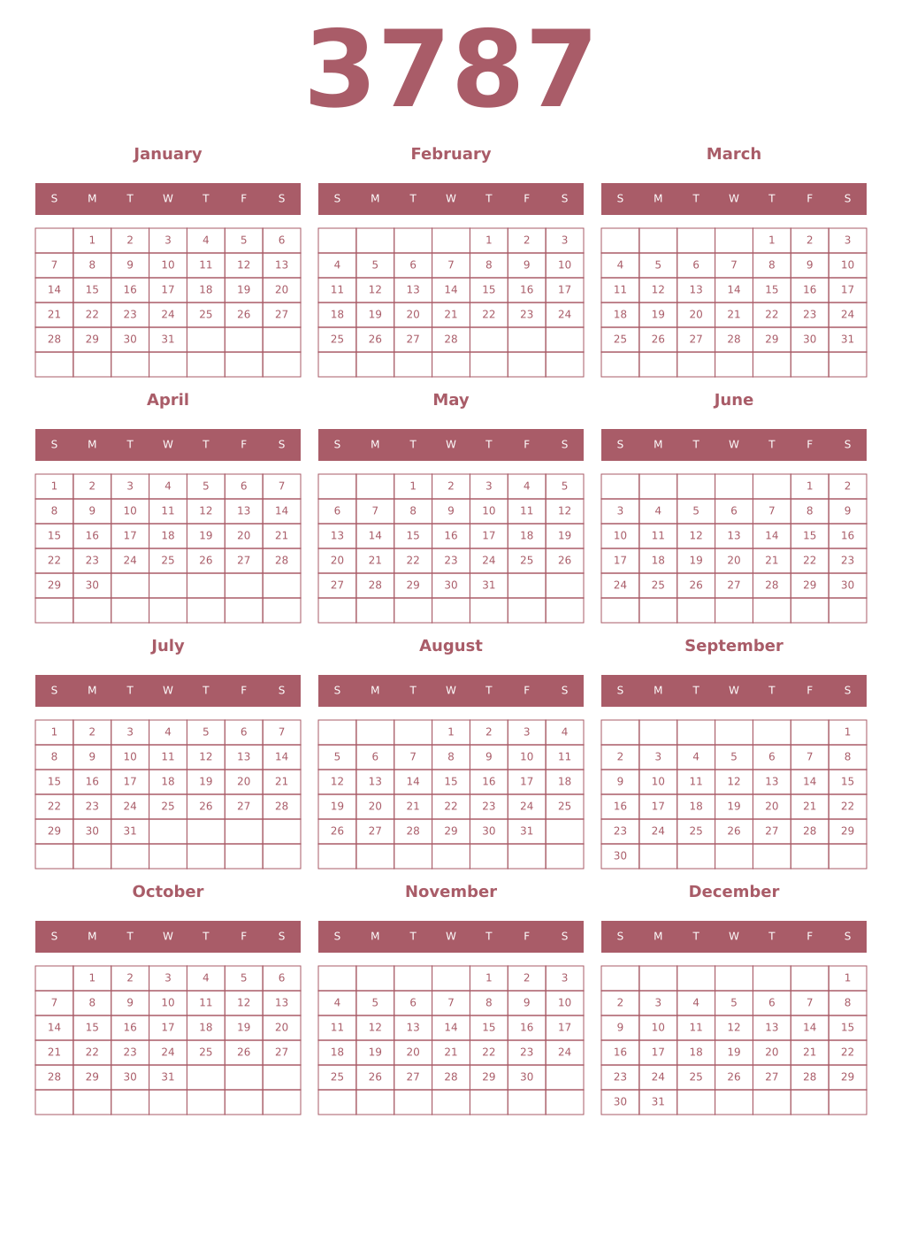 Printable 3787 Year Calendars puce
