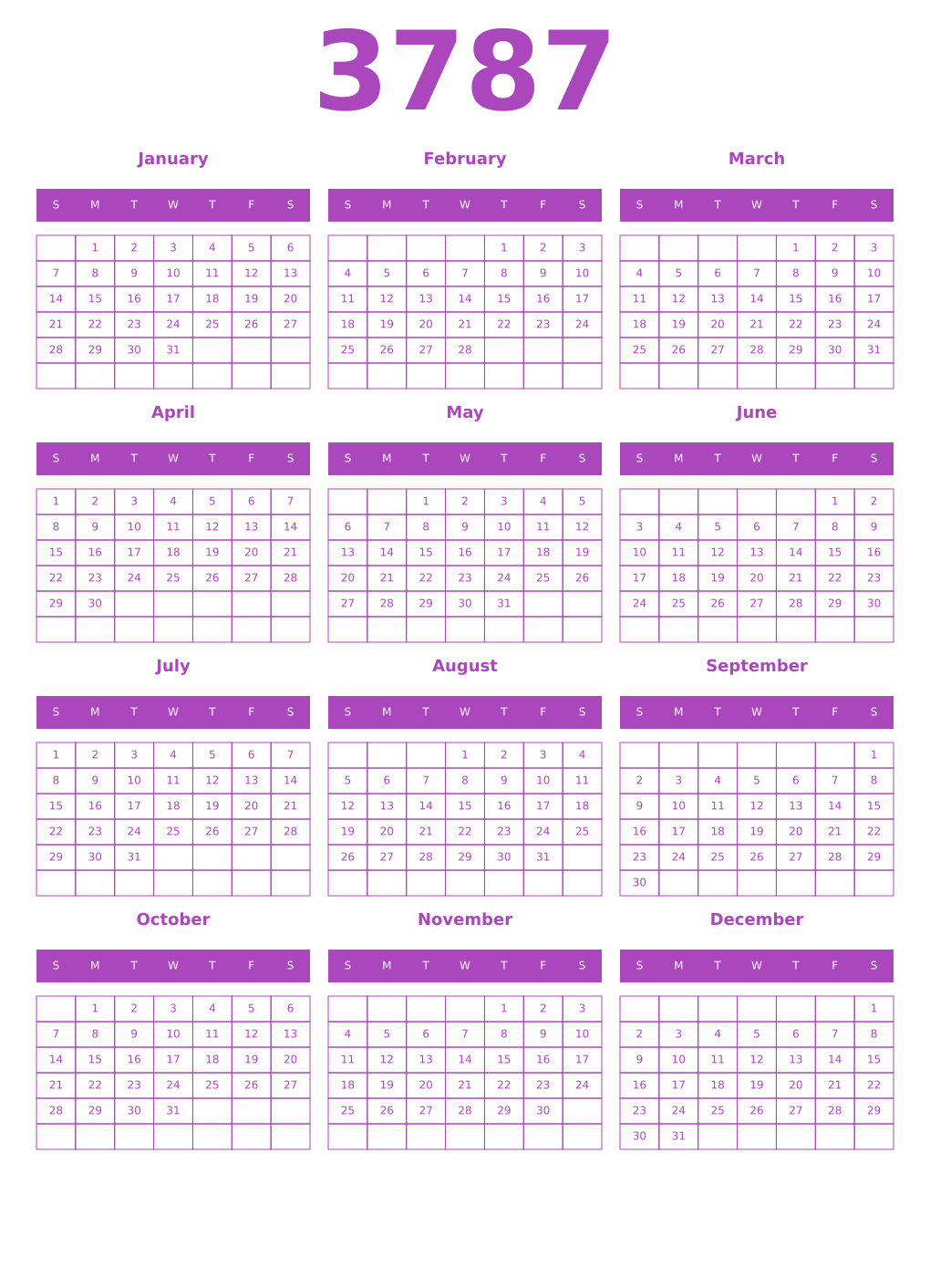 Printable 3787 Year Calendars purple