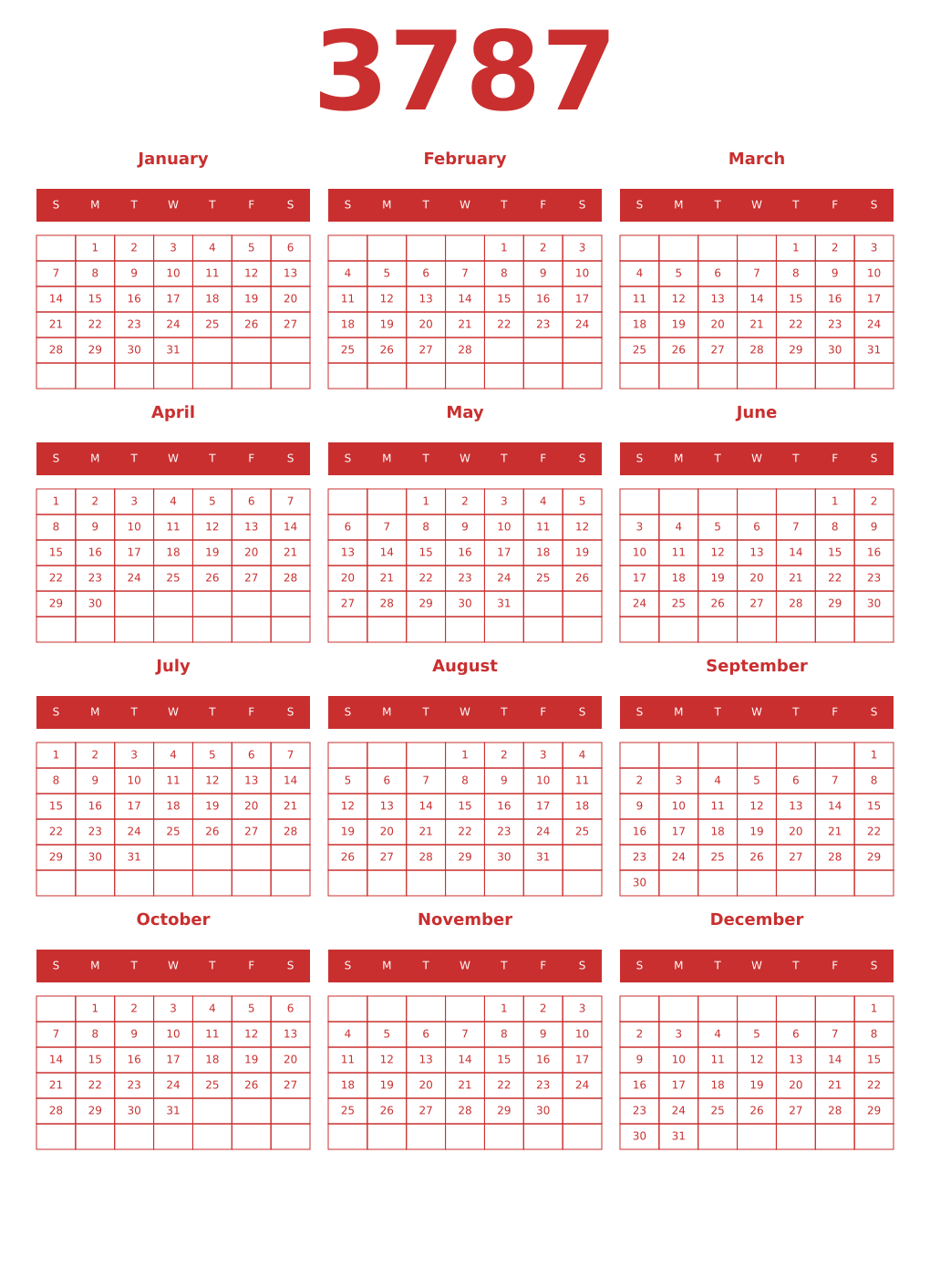Printable 3787 Year Calendars red