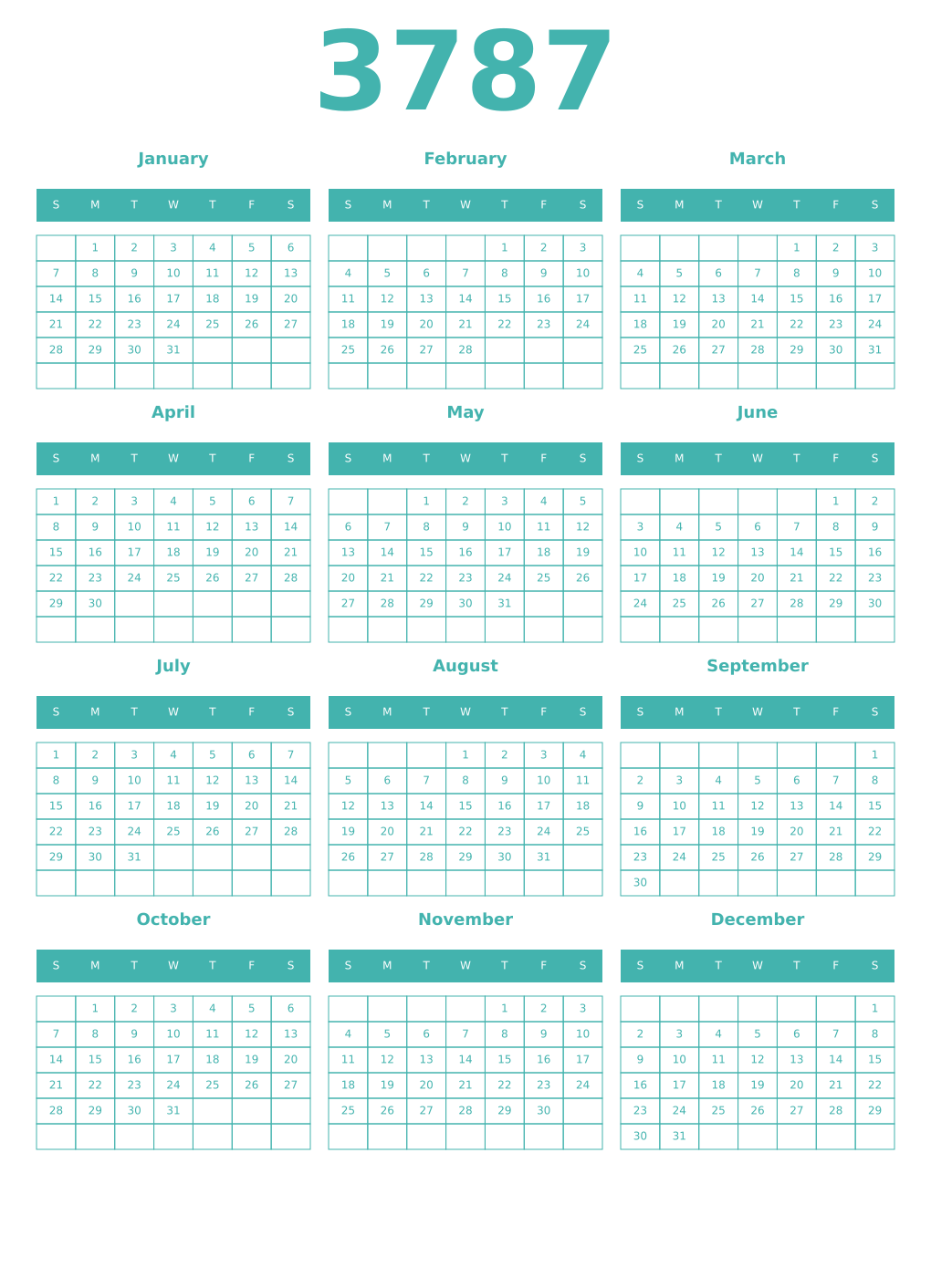 Printable 3787 Year Calendars verdigris
