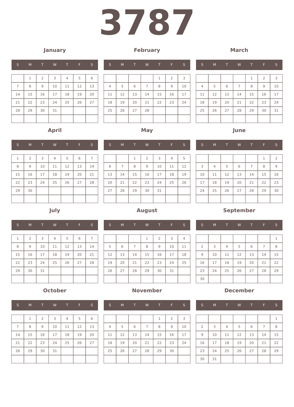 Printable 3787 Year Calendars wenge
