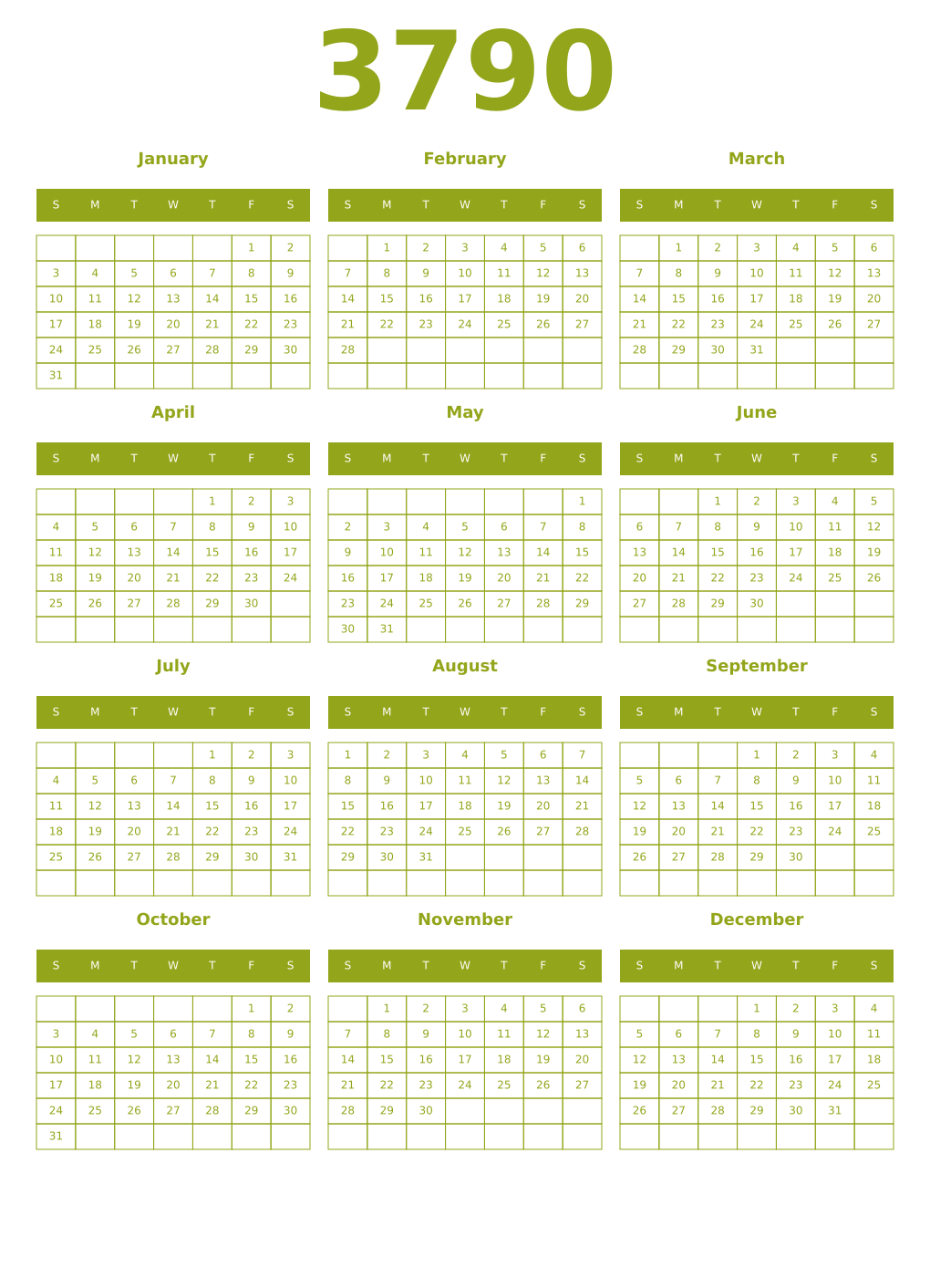Printable 3790 Year Calendars chartreuse