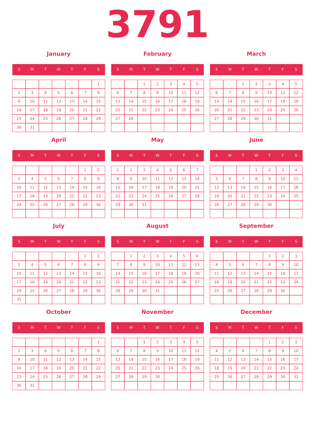 Printable 3791 Year Calendars amaranth
