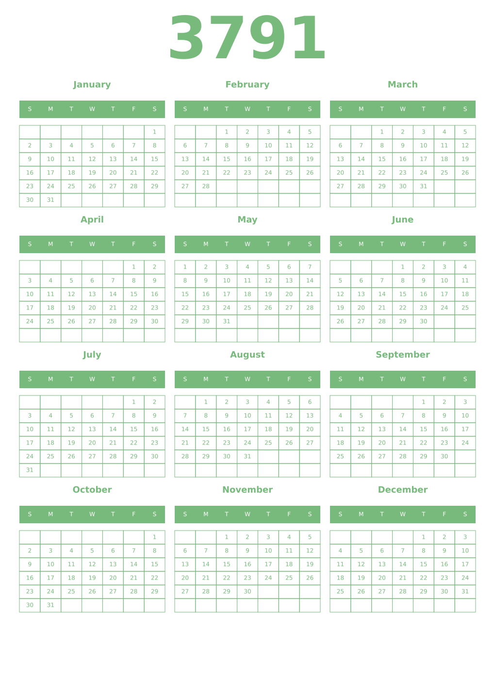 Printable 3791 Year Calendars celadon