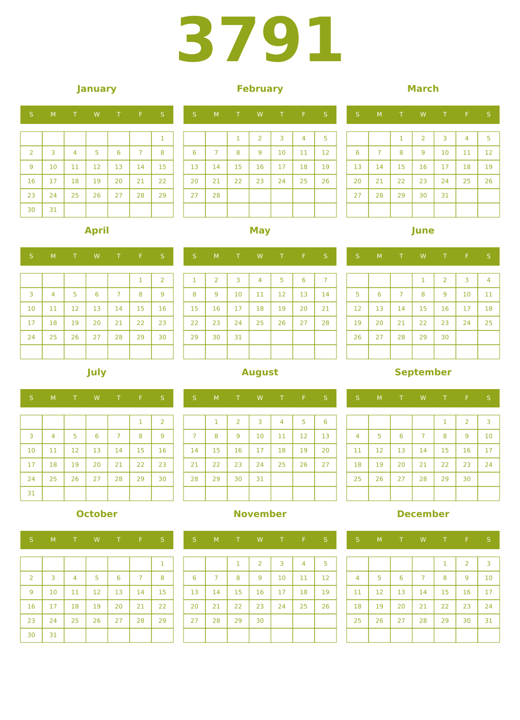Printable 3791 Year Calendars chartreuse