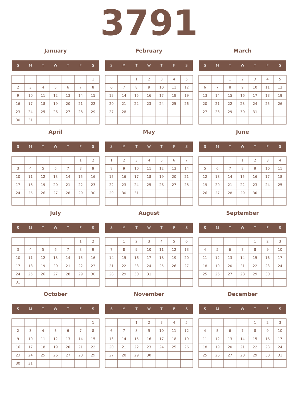 Printable 3791 Year Calendars coffe