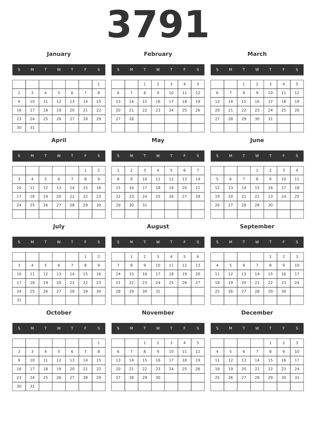 Printable 3791 Year Calendars dark