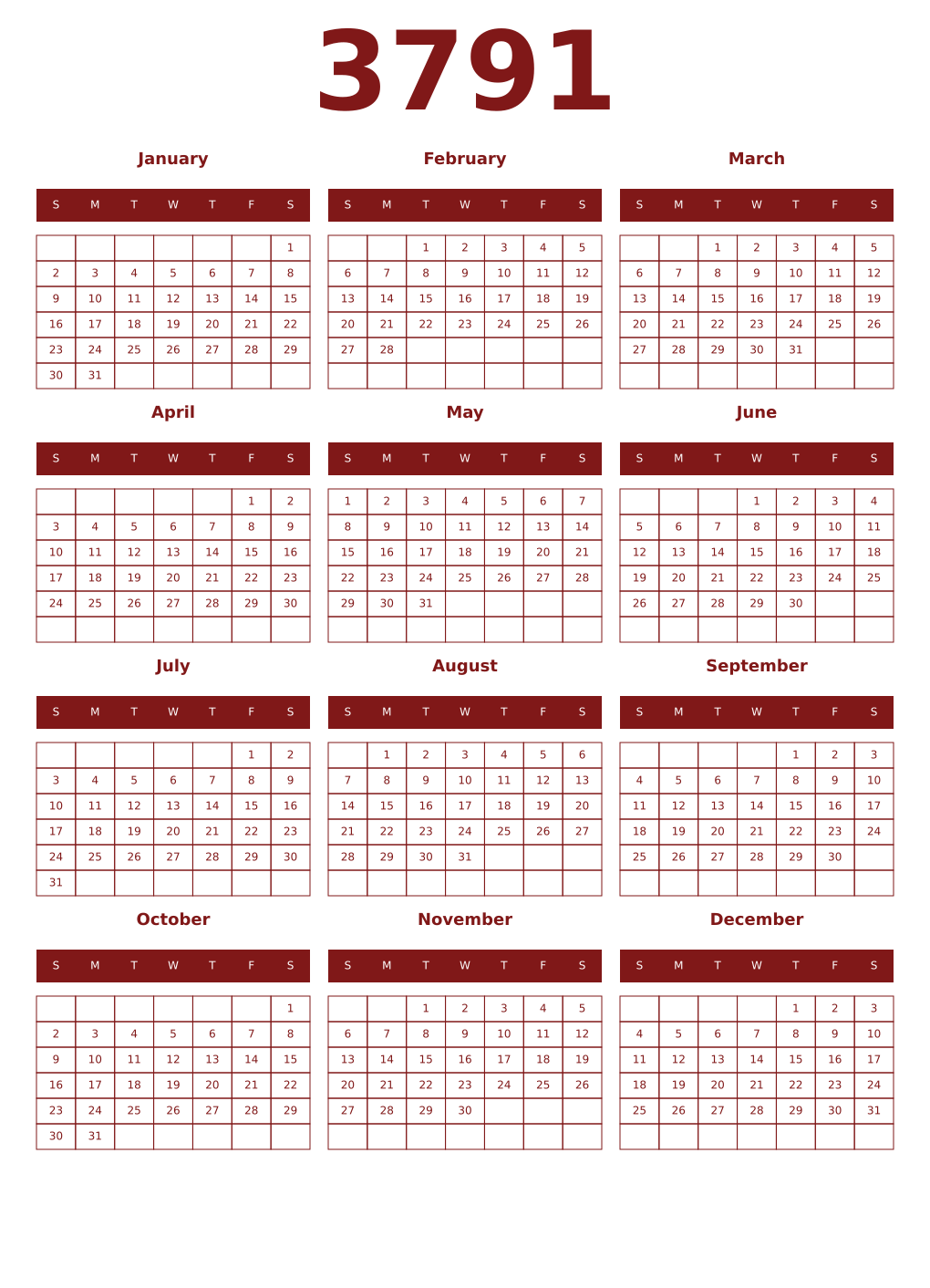 Printable 3791 Year Calendars falu