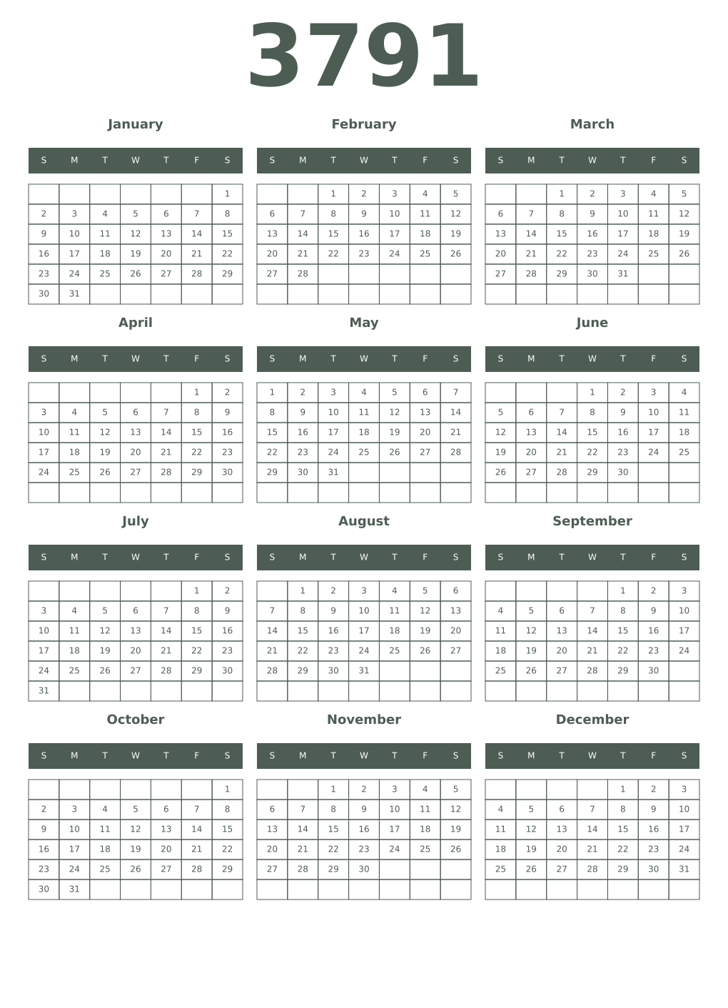 Printable 3791 Year Calendars feldgrau