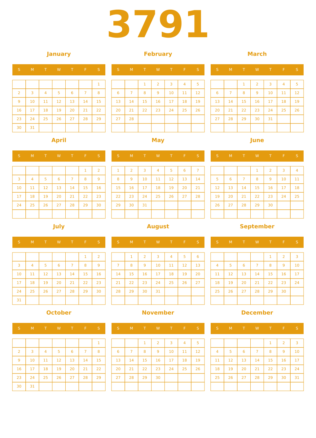 Printable 3791 Year Calendars gamboge