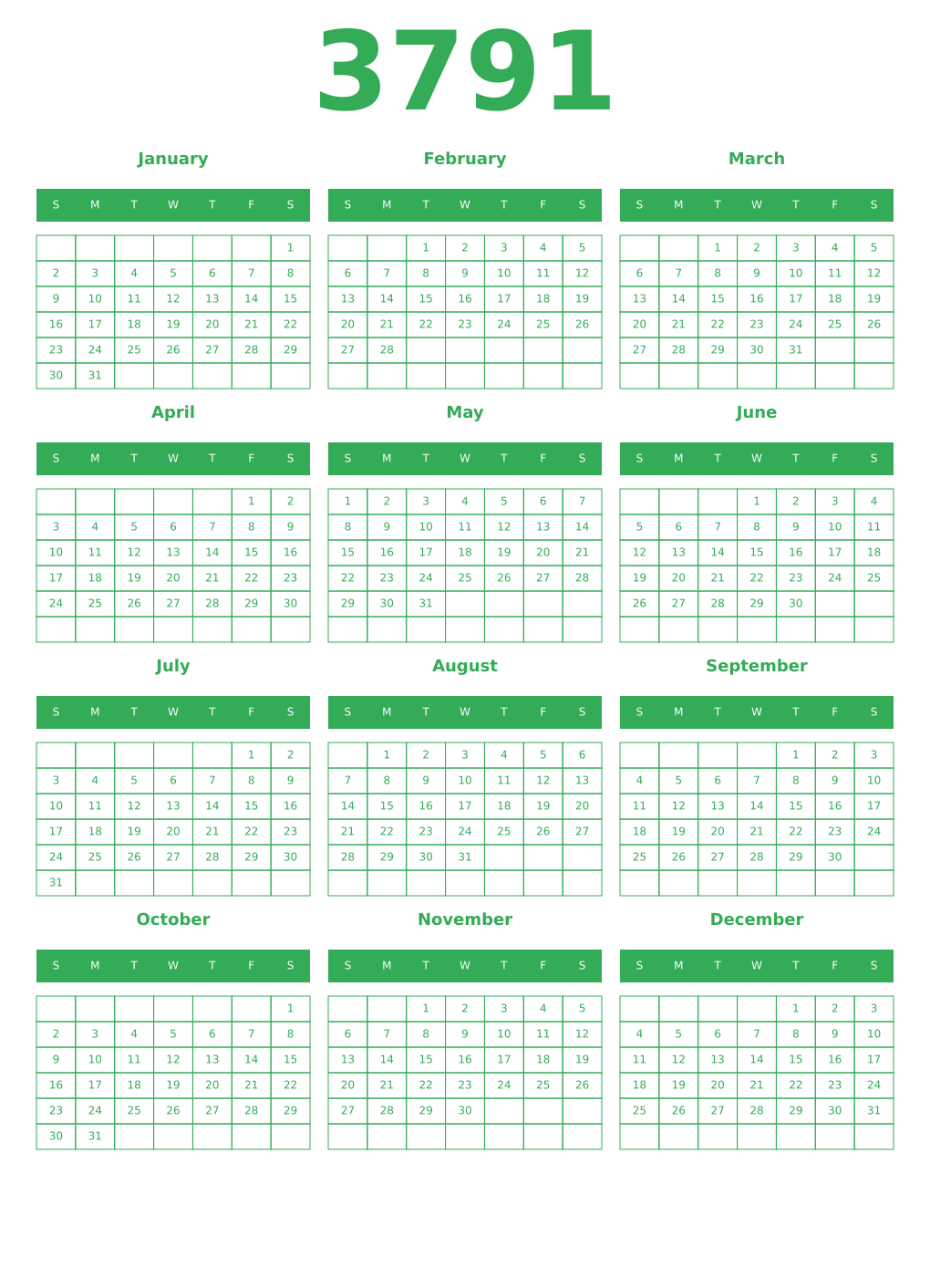 Printable 3791 Year Calendars green