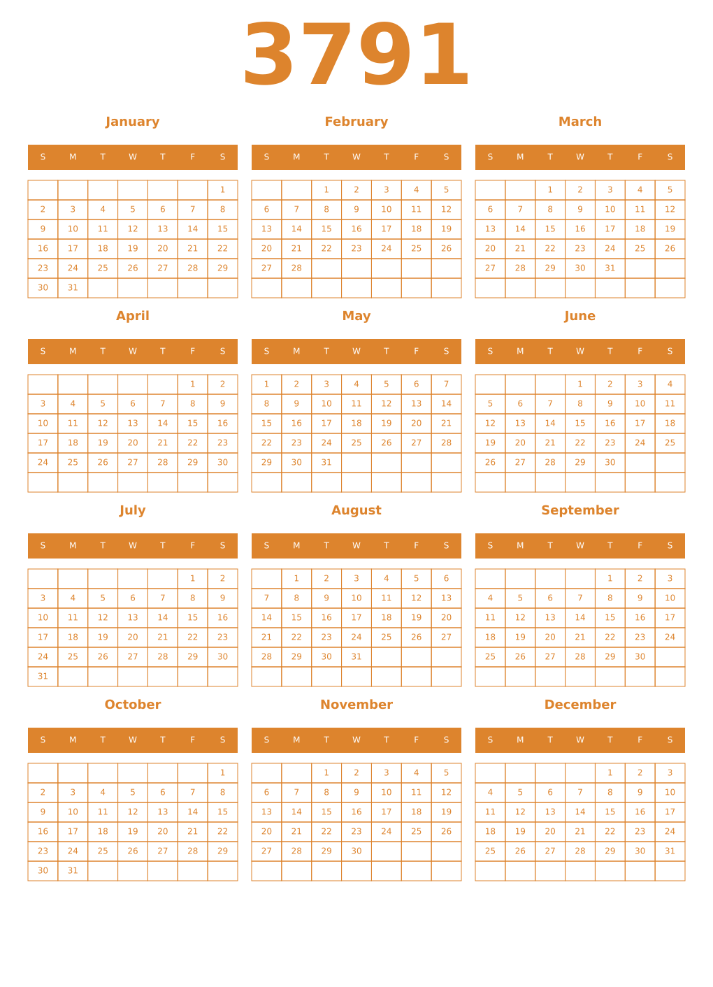 Printable 3791 Year Calendars orange