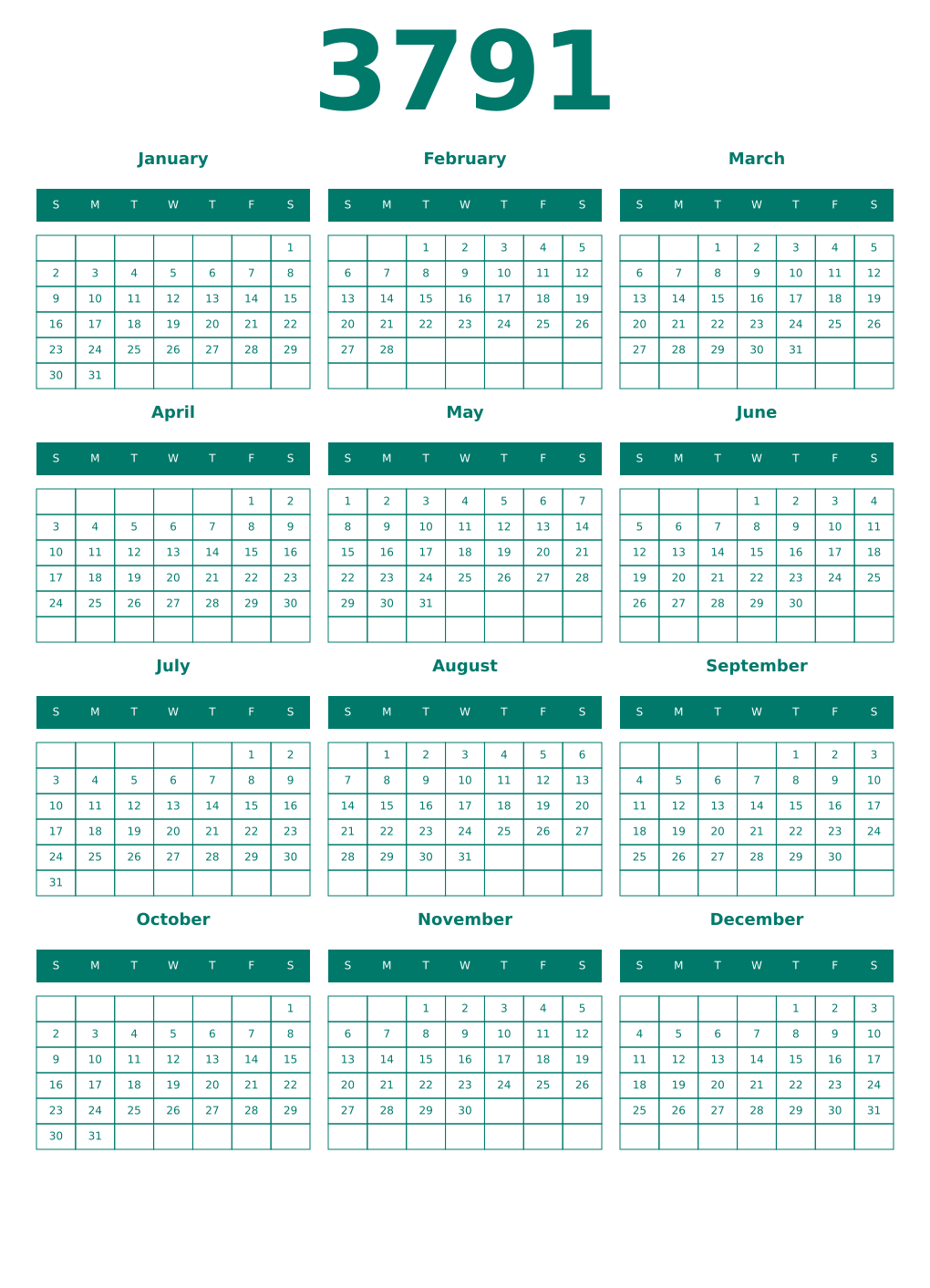 Printable 3791 Year Calendars pastel