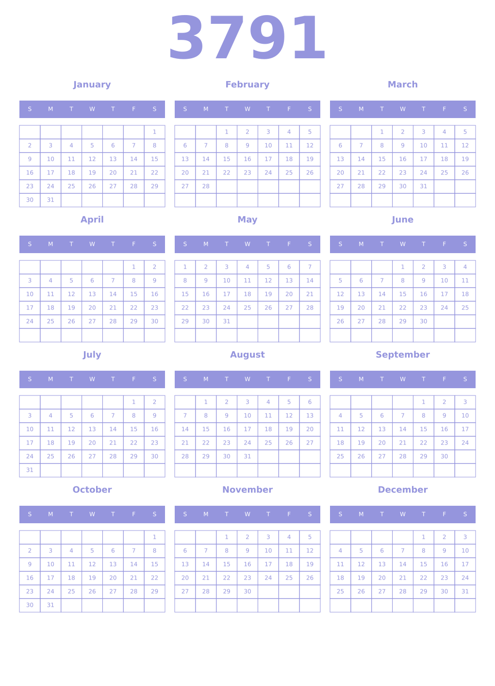 Printable 3791 Year Calendars periwinkle