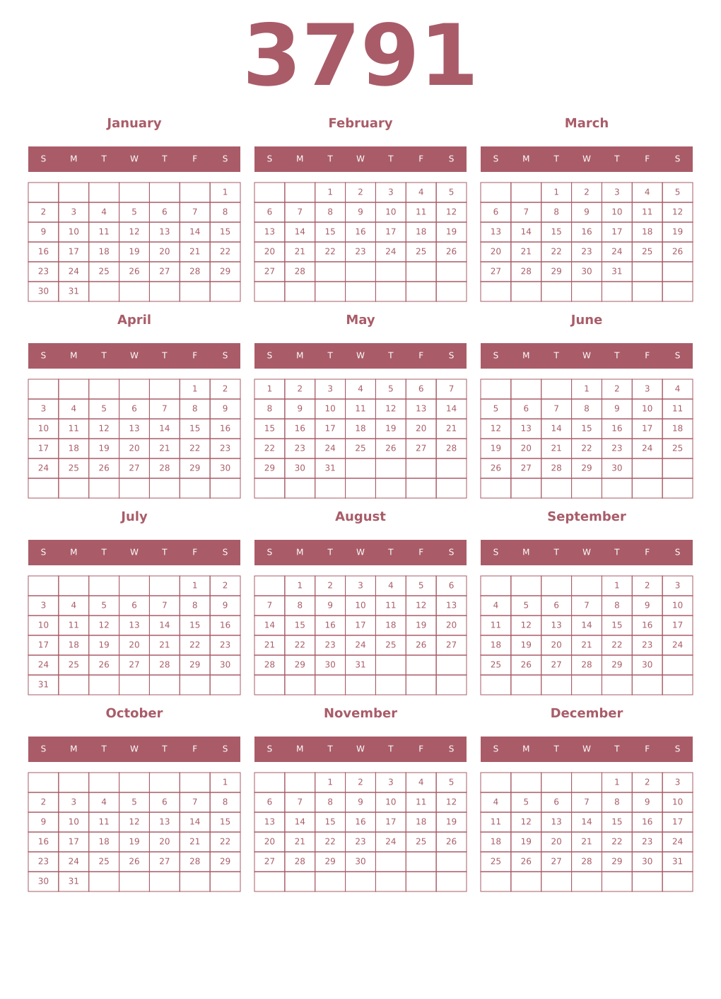 Printable 3791 Year Calendars puce