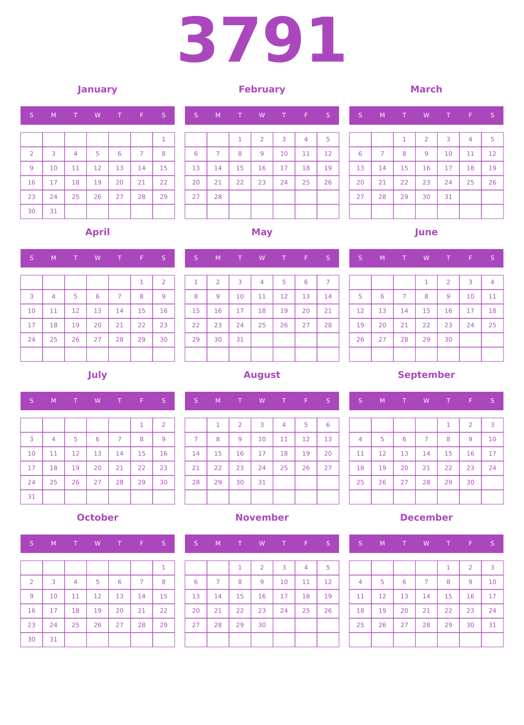 Printable 3791 Year Calendars purple
