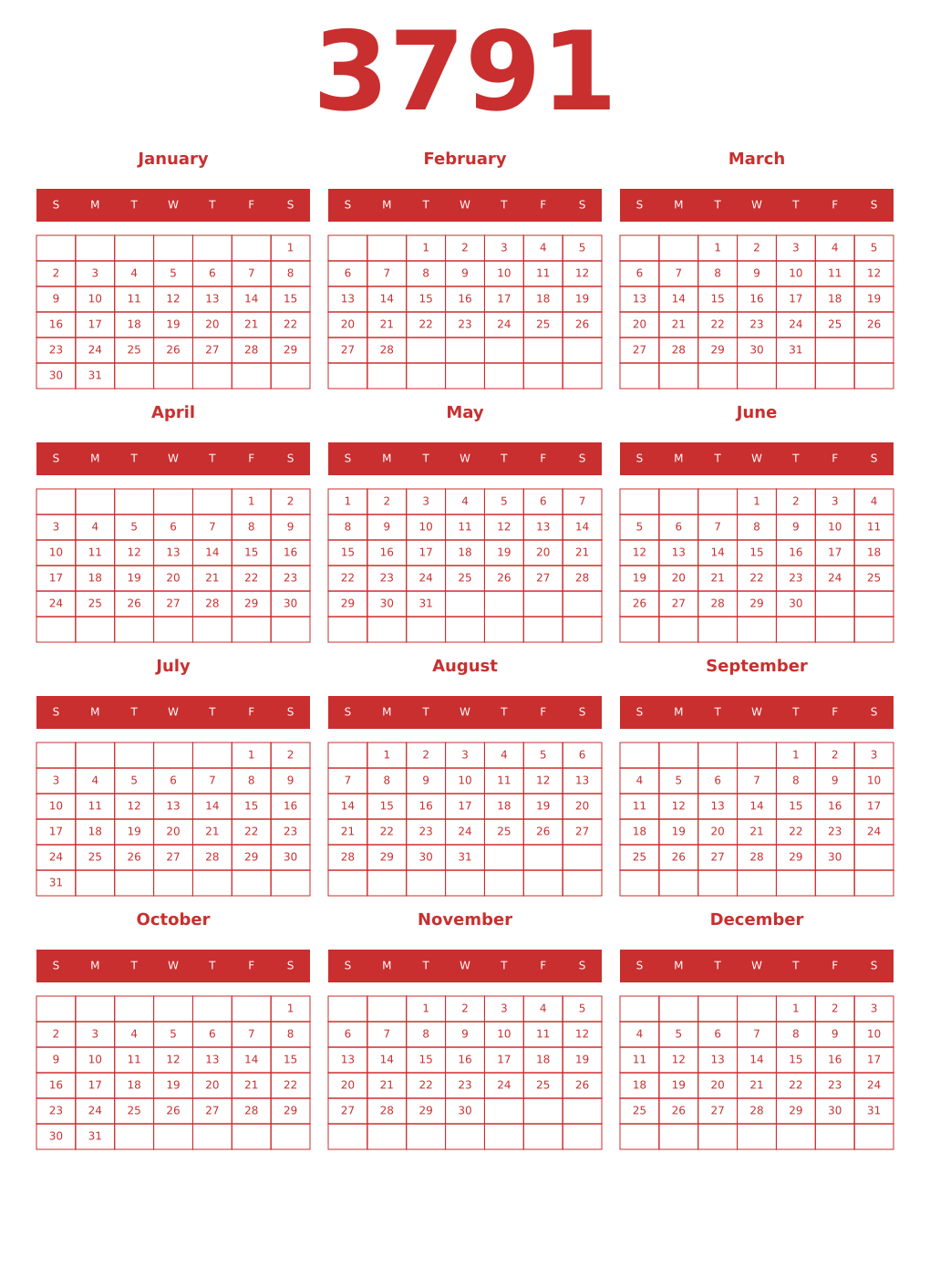 Printable 3791 Year Calendars red