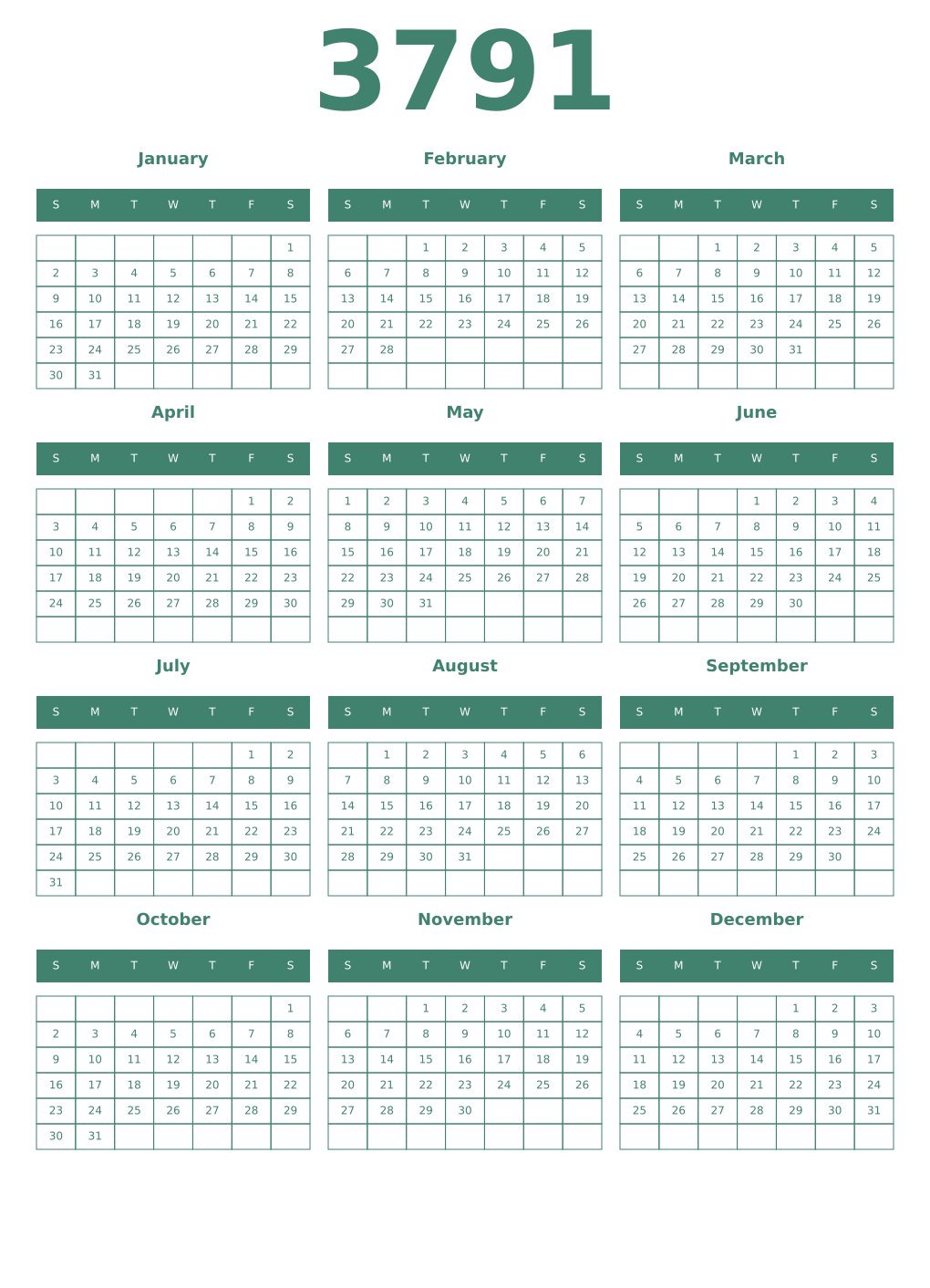 Printable 3791 Year Calendars viridian