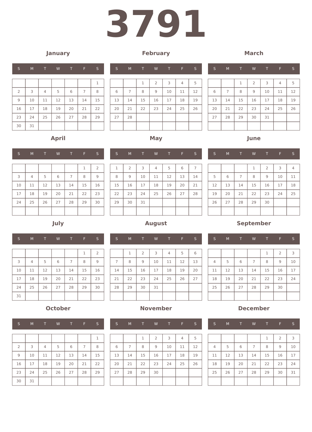Printable 3791 Year Calendars wenge