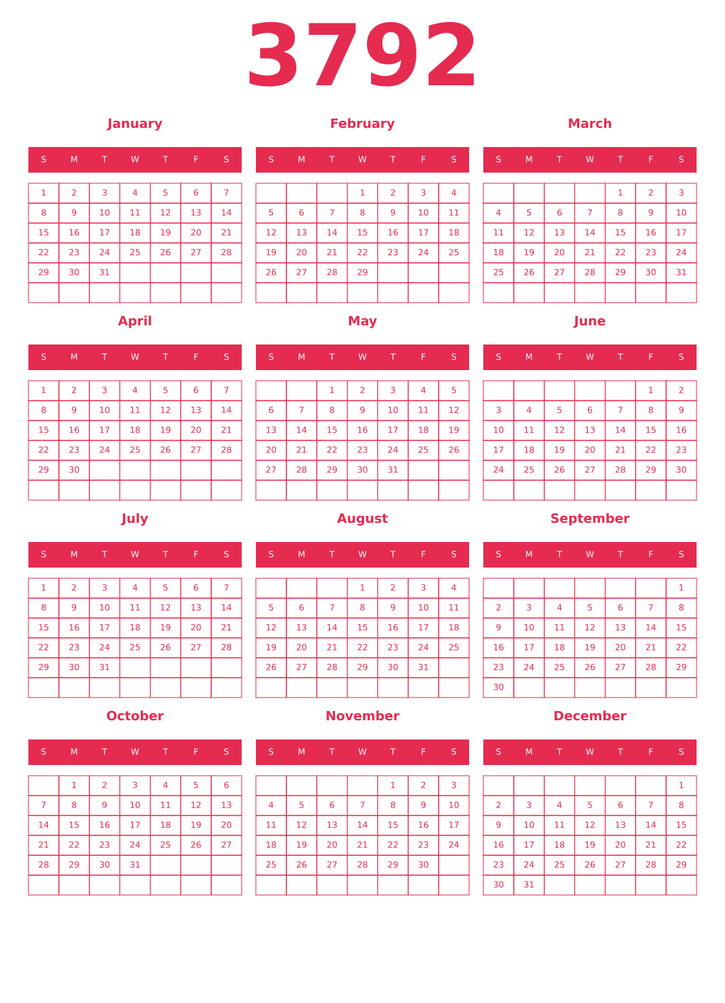 Printable 3792 Year Calendars amaranth