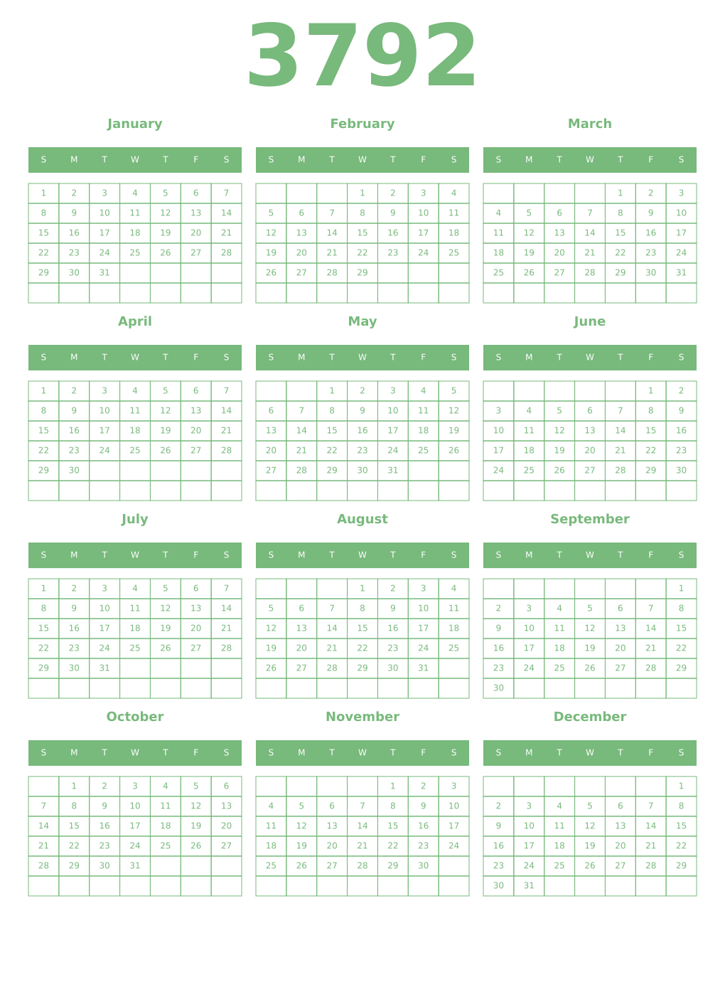 Printable 3792 Year Calendars celadon