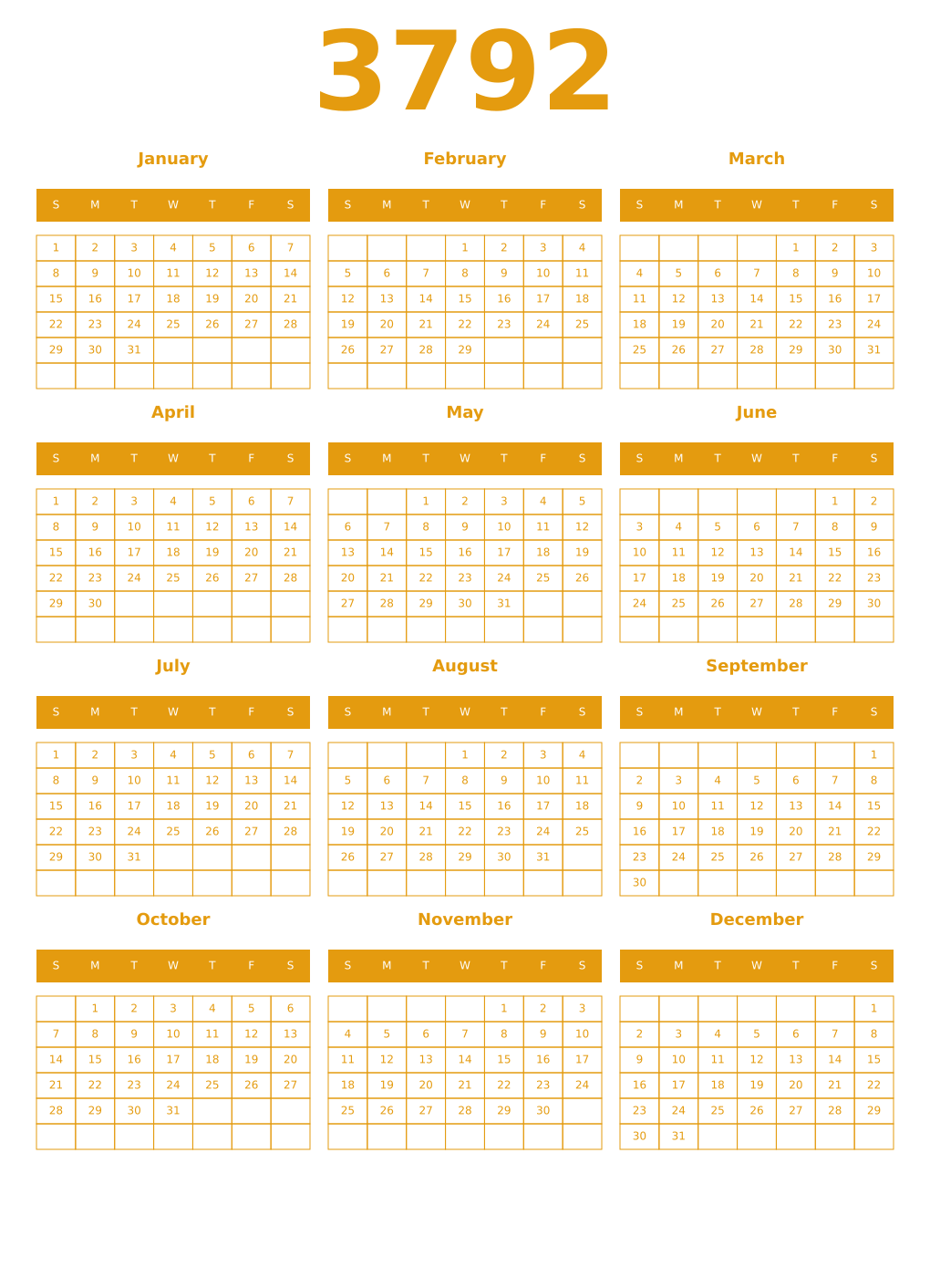Printable 3792 Year Calendars gamboge