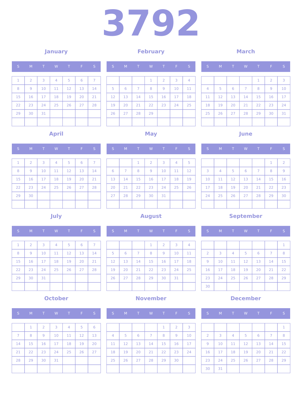 Printable 3792 Year Calendars periwinkle