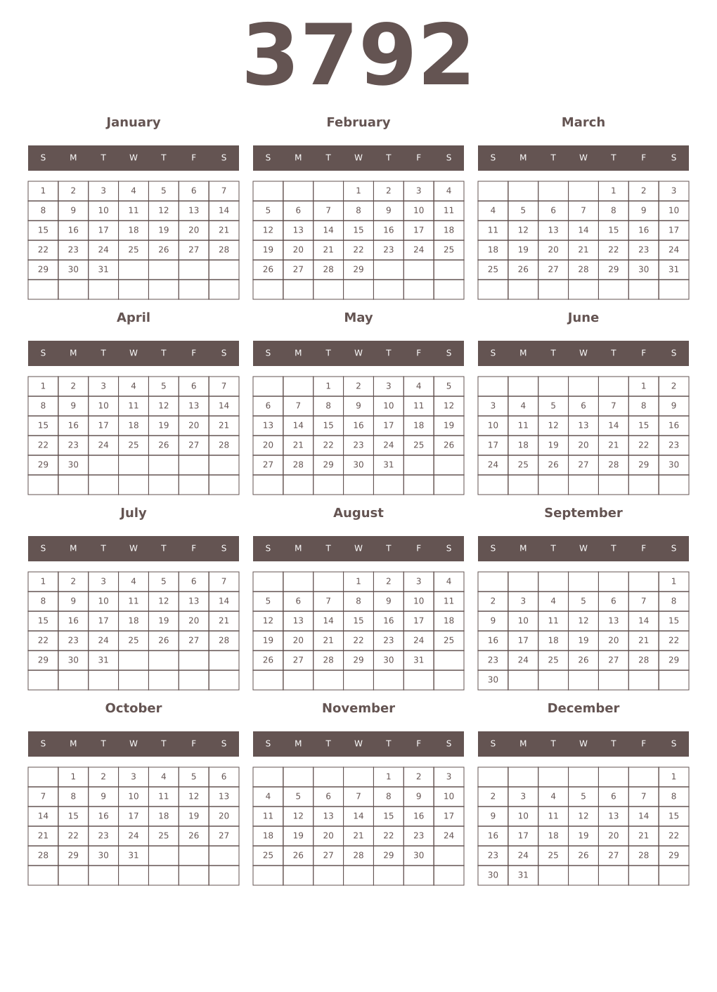 Printable 3792 Year Calendars wenge