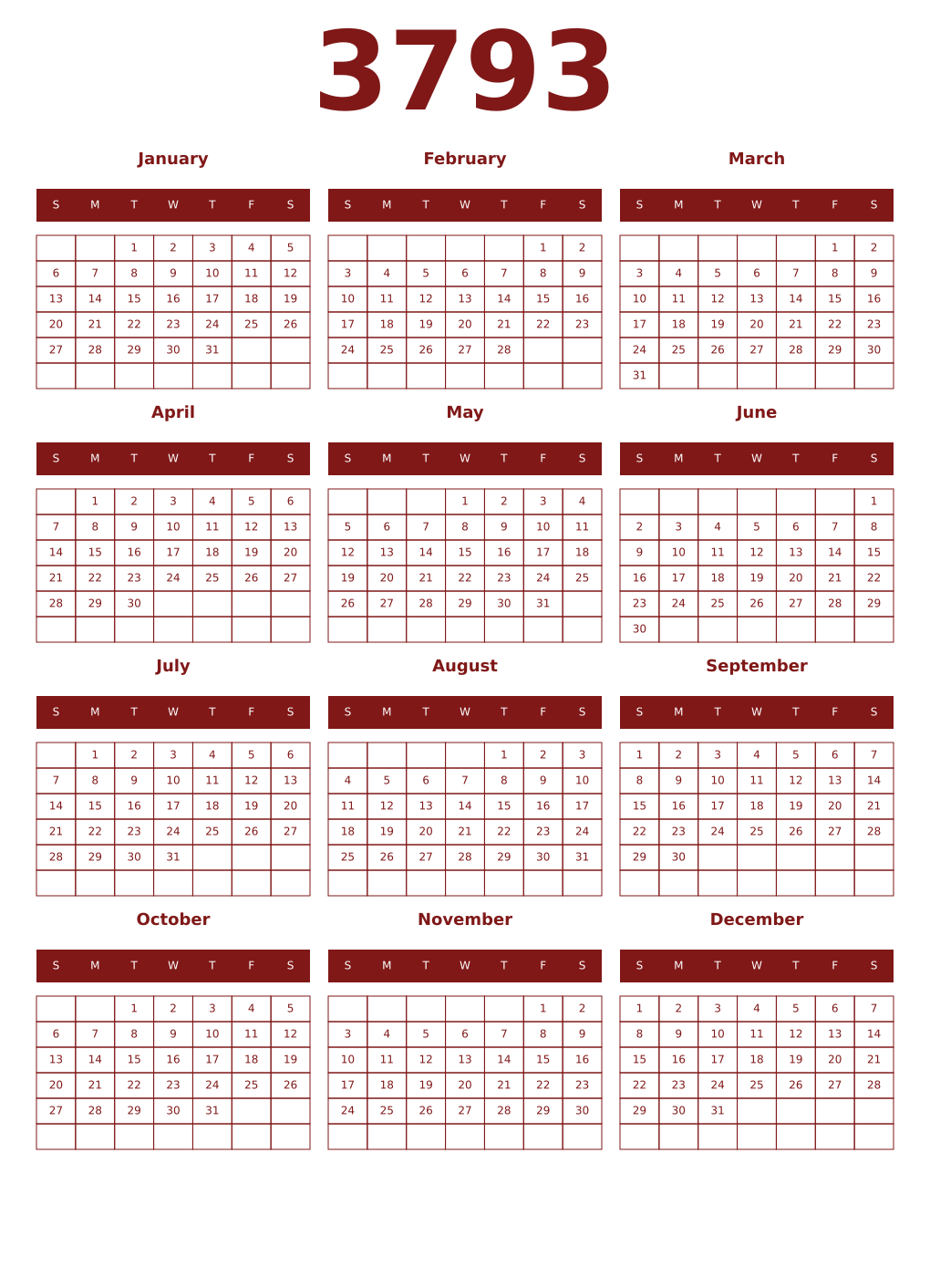 Printable 3793 Year Calendars falu