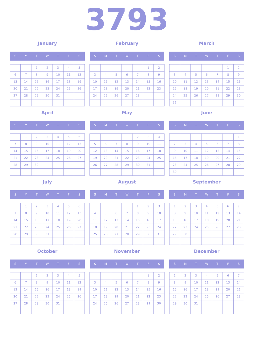 Printable 3793 Year Calendars periwinkle