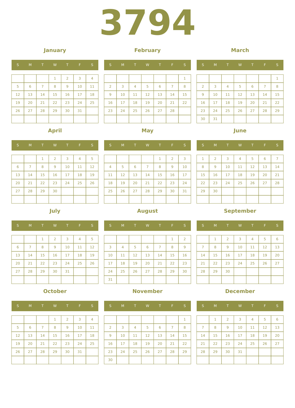Printable 3794 Year Calendars eburnean