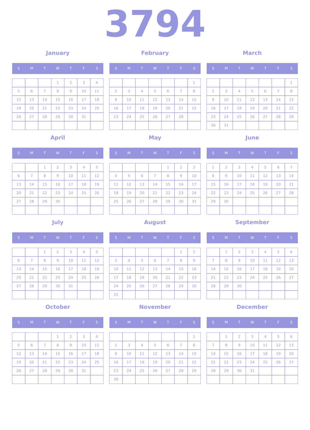 Printable 3794 Year Calendars periwinkle
