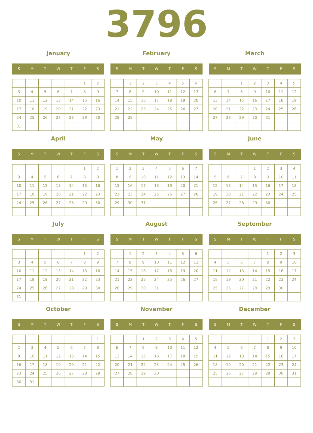 Printable 3796 Year Calendars eburnean
