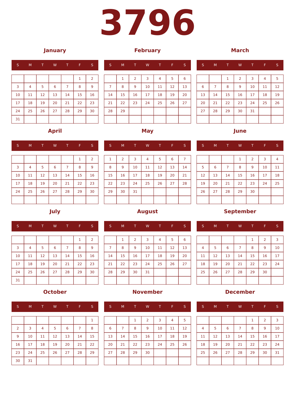 Printable 3796 Year Calendars falu