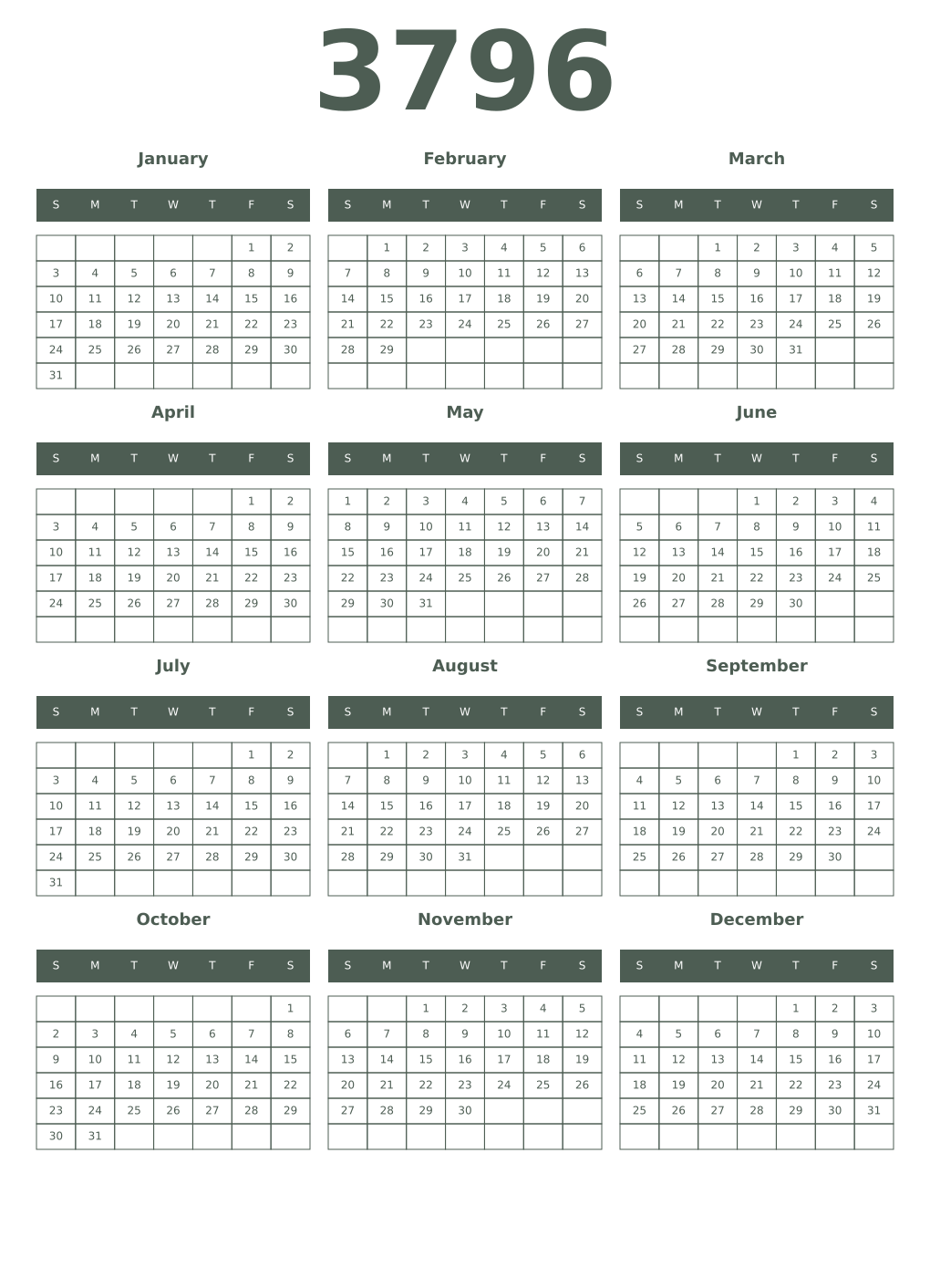 Printable 3796 Year Calendars feldgrau