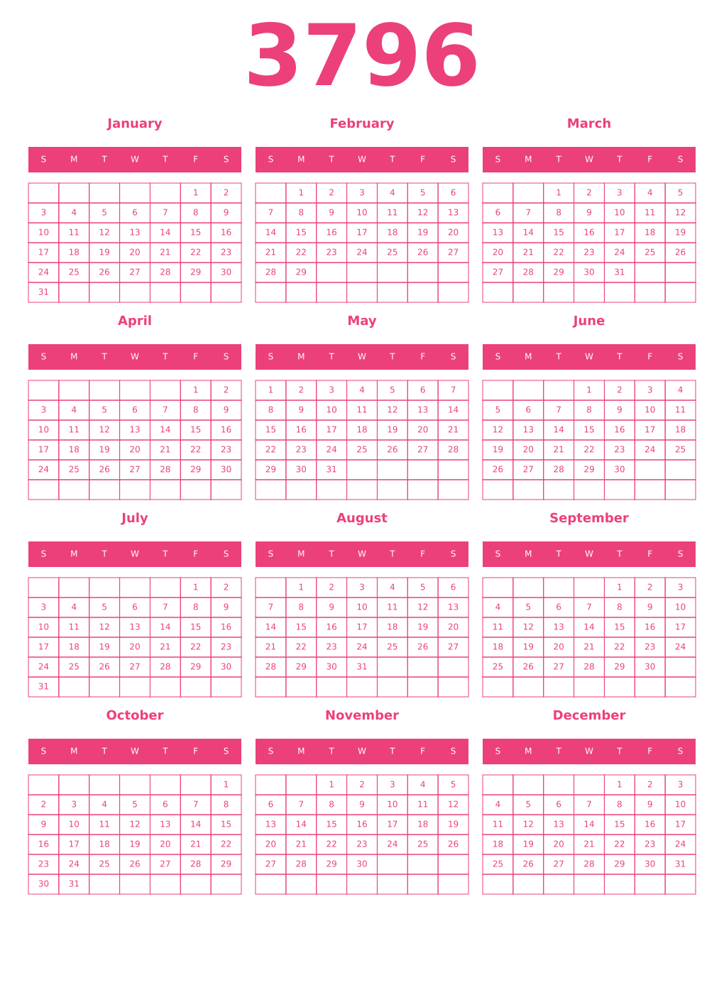 Printable 3796 Year Calendars pink