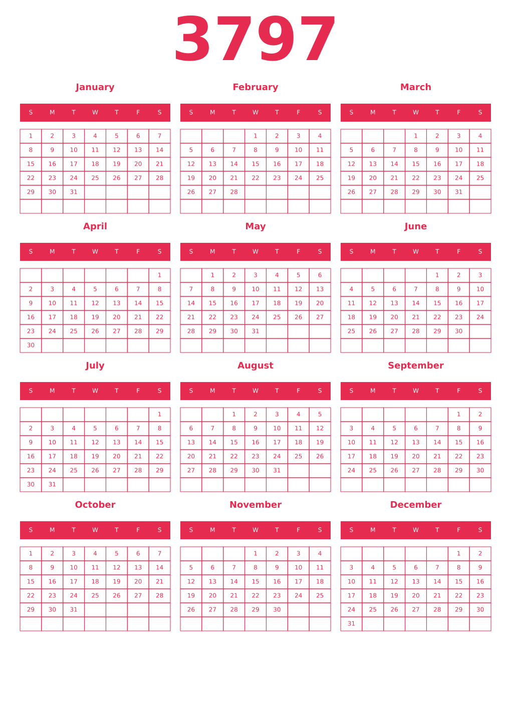 Printable 3797 Year Calendars amaranth
